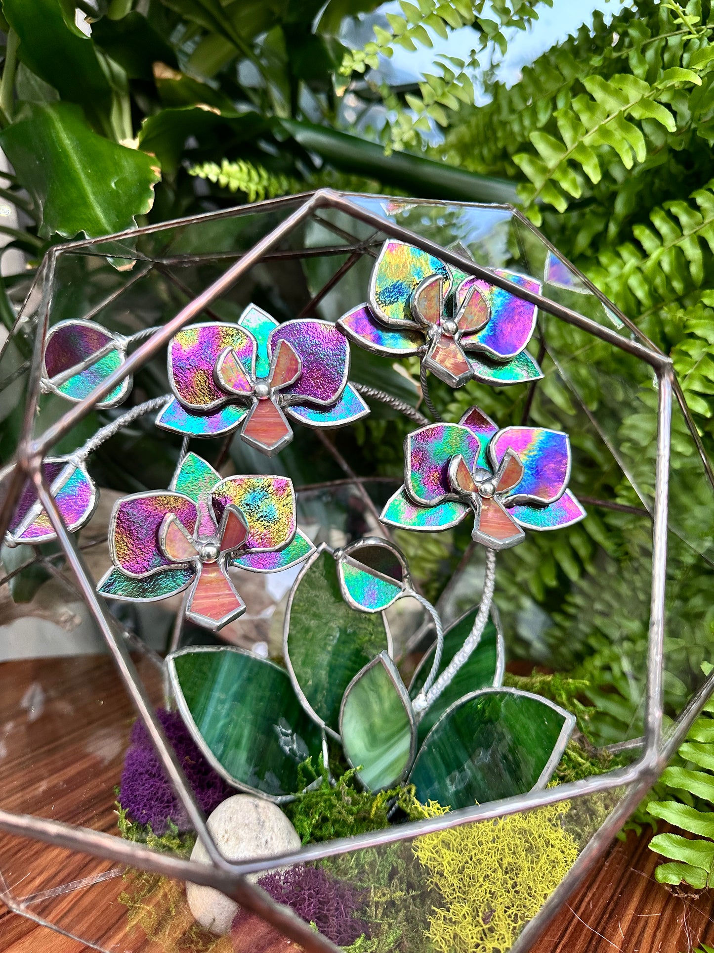 " . Geometric glass 3D terrarium Sphere with stained glass iridescent orchid. Wedding glass decor, Mother’s Day gift, glass art, suncatcher, succulents, cacti