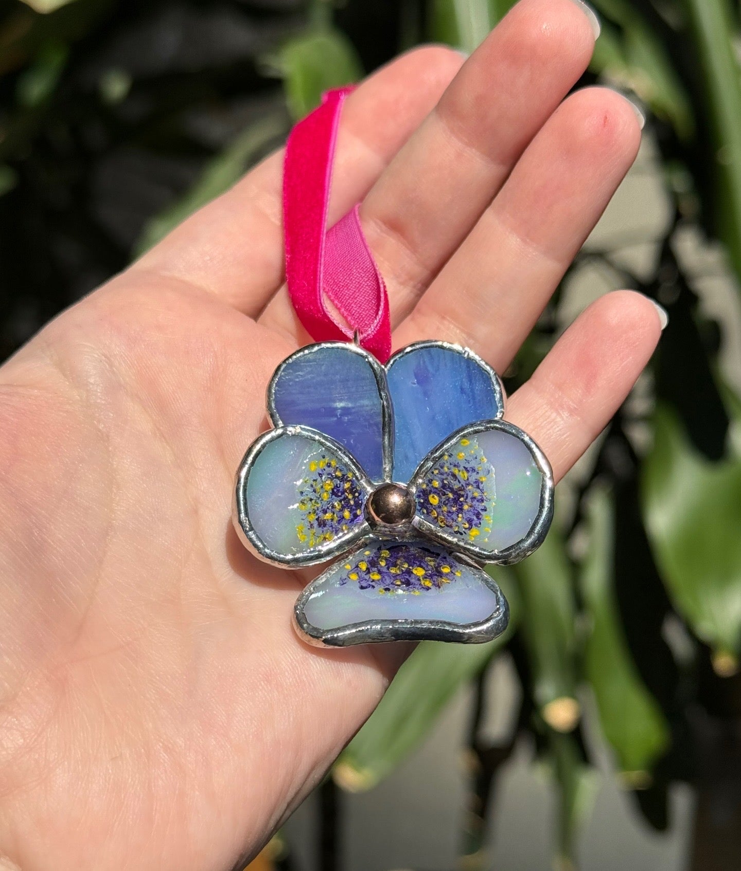 " . Pansy flower Blue & Light blue irid with pattern , Stained glass Decorative ORNAMENT, Christmas decoration, Suncatcher