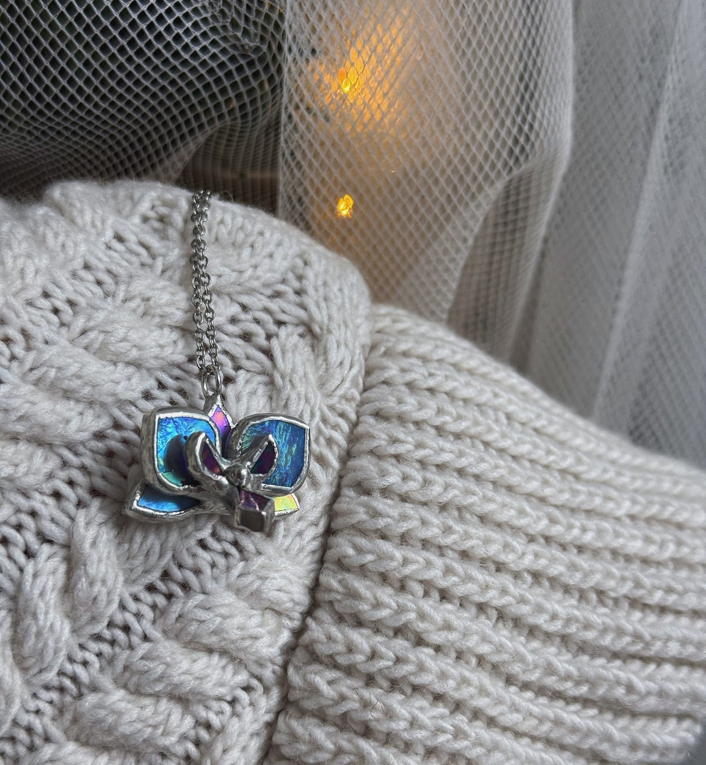 " . Necklace Orchid Lavender iridescent Necklace” Stained glass tropical flower 3D, art jewelry
