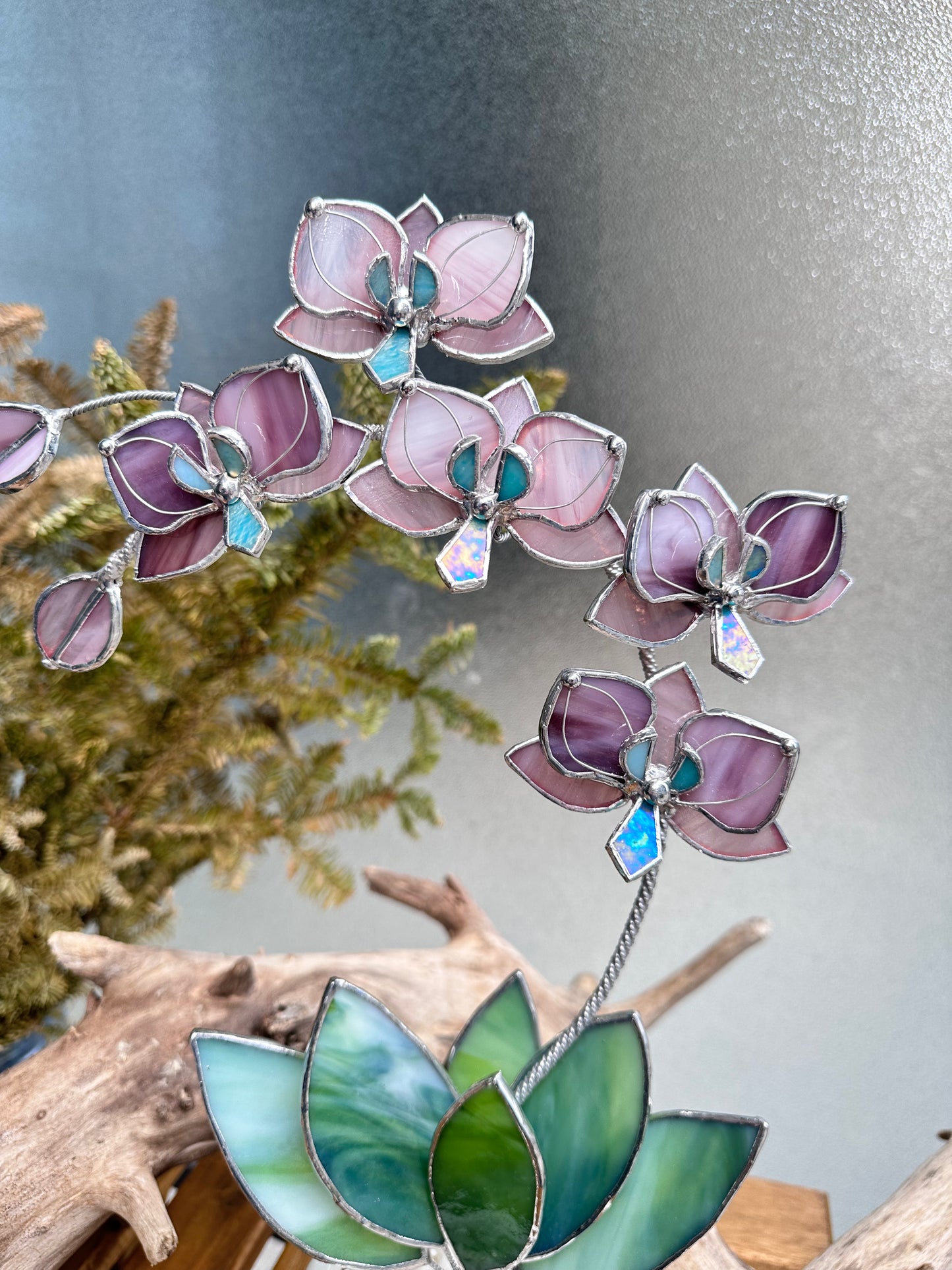 " . Dusty Rose translucent Orchid 5 flowers with pot" Stained glass tropical flower 3D, Sun catcher, Table plant, Garden stick, wedding decor, Christmas gift