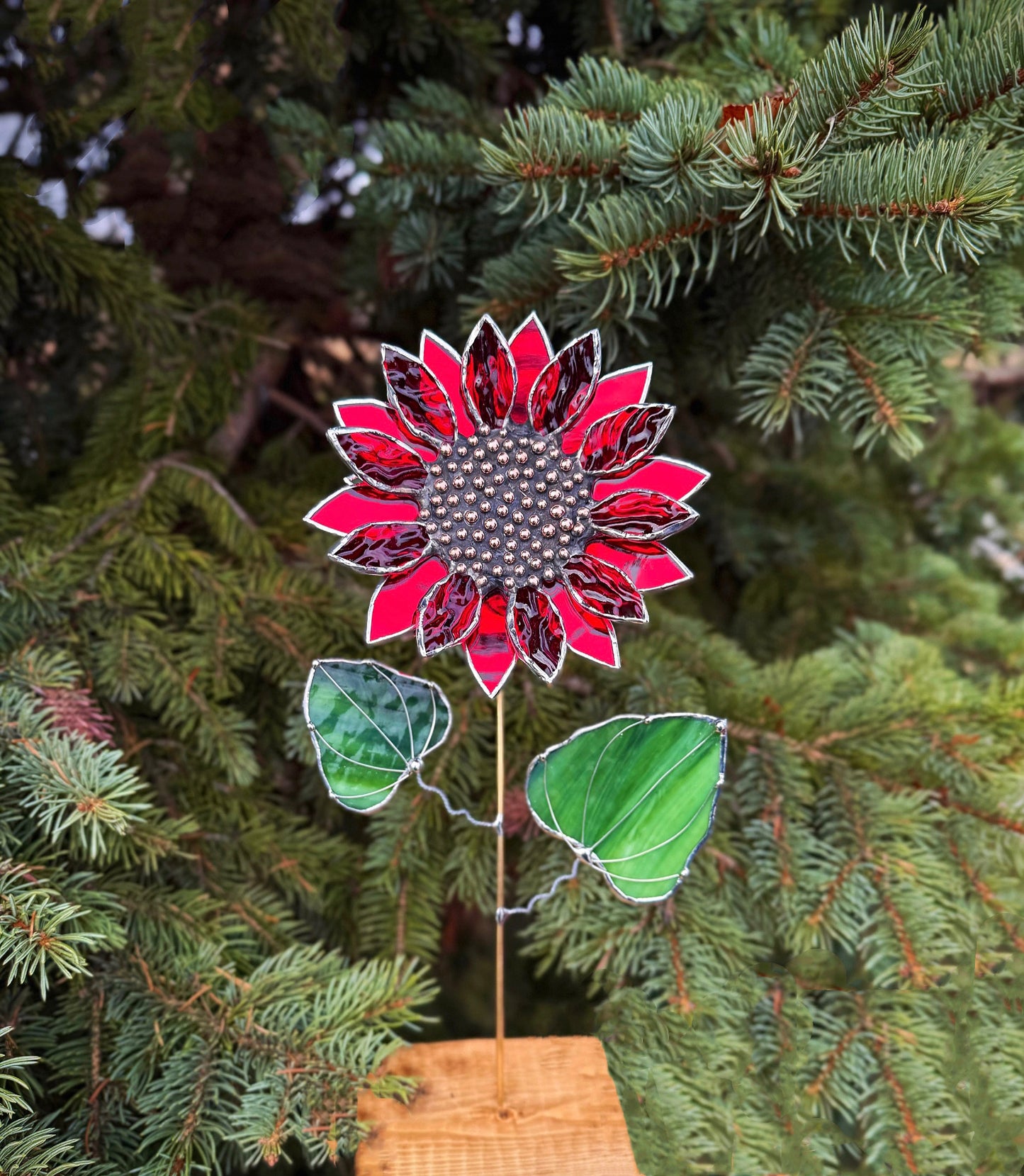 " . Ruby Red Sparcling Sunflower" Stained glass tropical flower 3D, Sun catcher, Table plant decor, Garden stake, wedding decor, Christmas gift