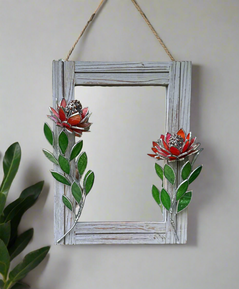 " . Red iridescent Protea Flower Mirror, Stained glass Wedding Wall Decor, Christmas gift, Suncatcher, available