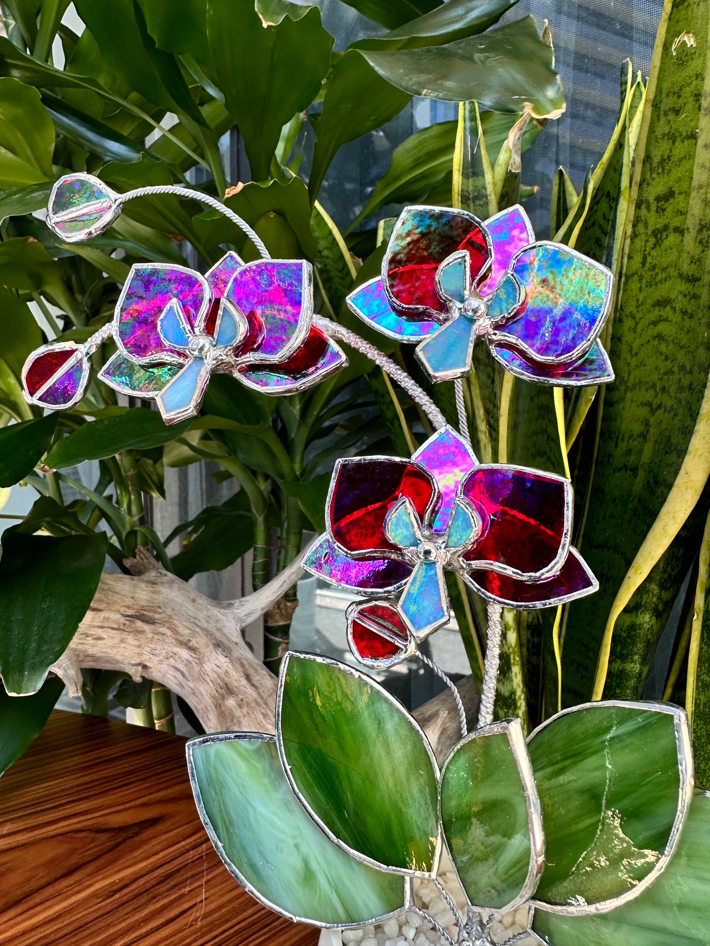 " . Red transparent iridescent Orchid 3 flowers with pot” Stained glass tropical flower 3D, Sun catcher, Table plant, Garden stick, Outdoor and gardening decor,