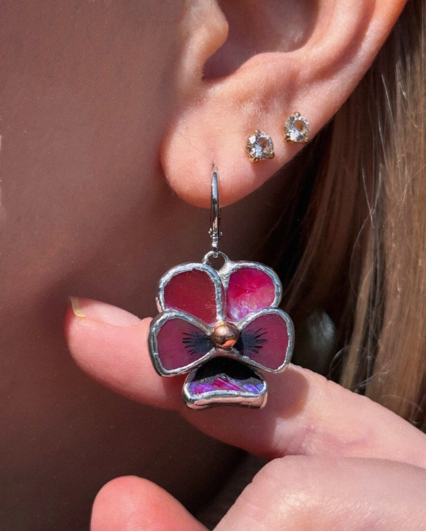 " . CHOOSE COLOR “EARRINGS Pansy flower” Stained glass tropical flower 3D, art jewelry