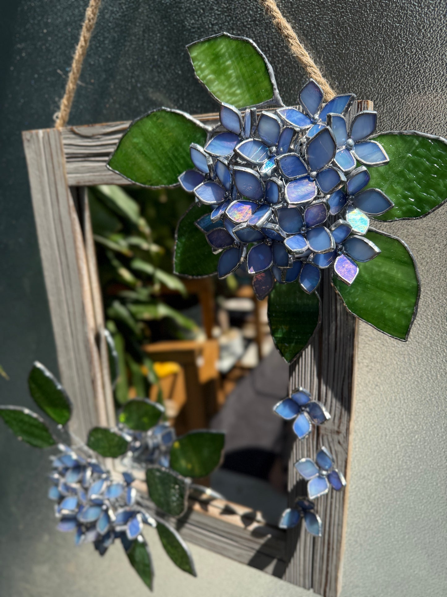 " . Amethyst Blue lavender iridescent Hydrangea Flower Mirror, Stained glass Wedding Wall Decor, Christmas gift, Suncatcher