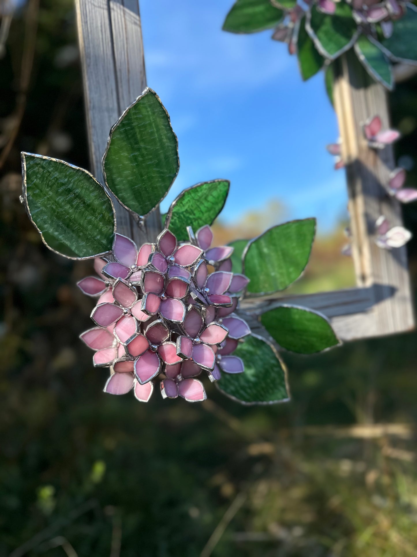 " . Pink Hydrangea Flower Mirror , Stained glass Wedding Wall Decor, Christmas gift, Suncatcher, available