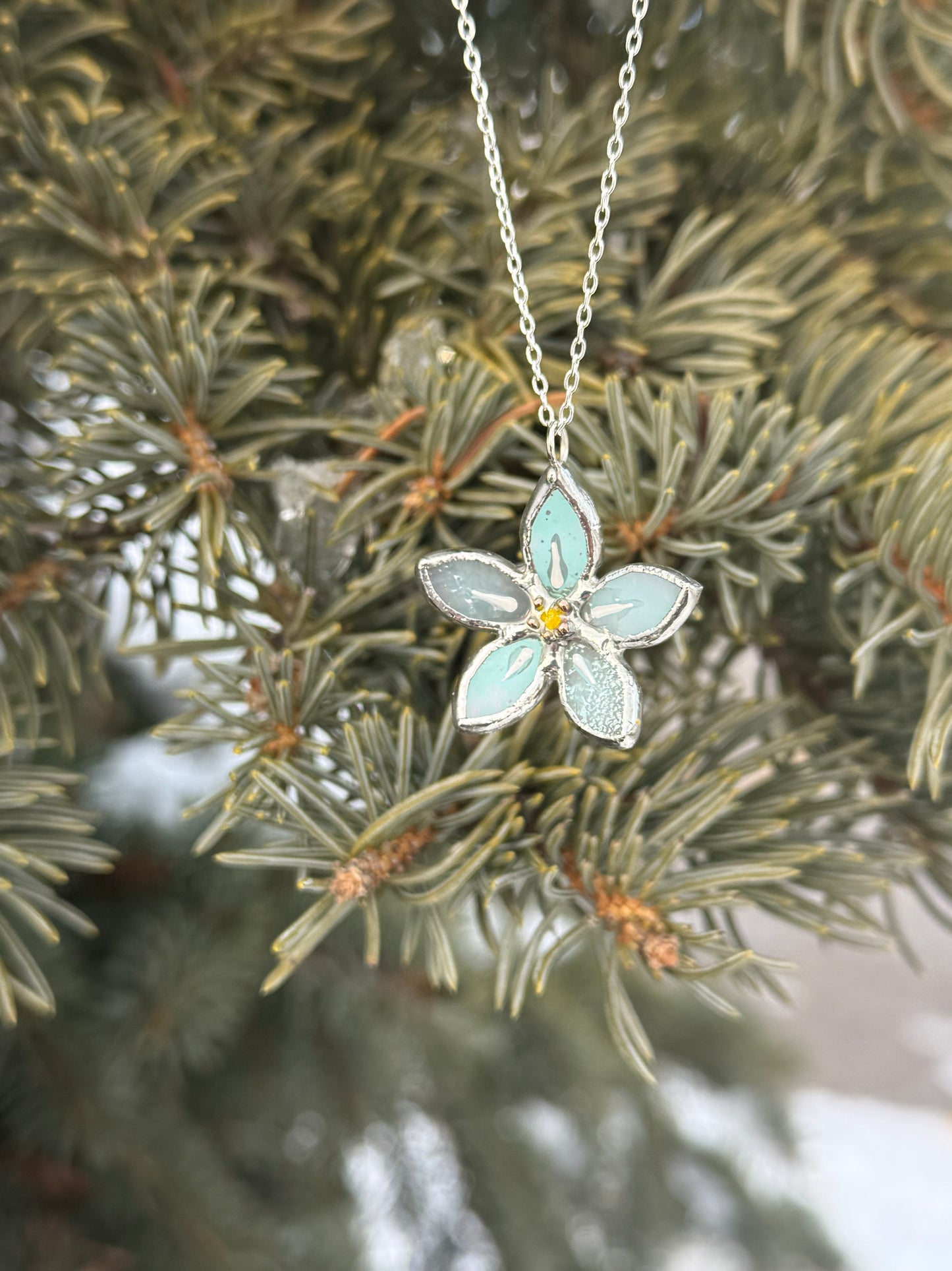 " . Necklace Stained glass Forget Me Not flower Light Blue iridescent , Modern art, jewelry