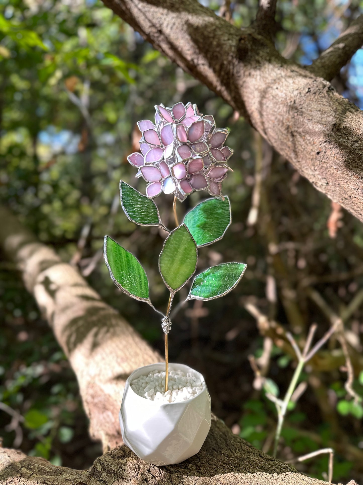 " . CHOOSE COLOR Hydrangea with pot”, Stained glass tropical flower 3D, Sun catcher, Table plant, Garden stick, Outdoor and gardening decor