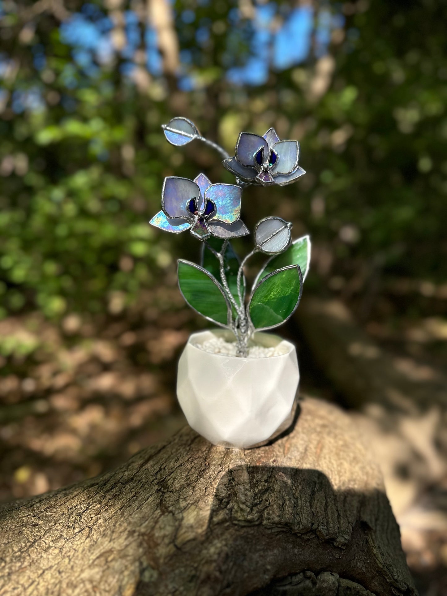 " . Lavender iridescent Orchid 2 flowers with pot” Stained glass tropical flower 3D, Sun catcher, Table plant decor, Garden stick, Outdoor and gardening decor