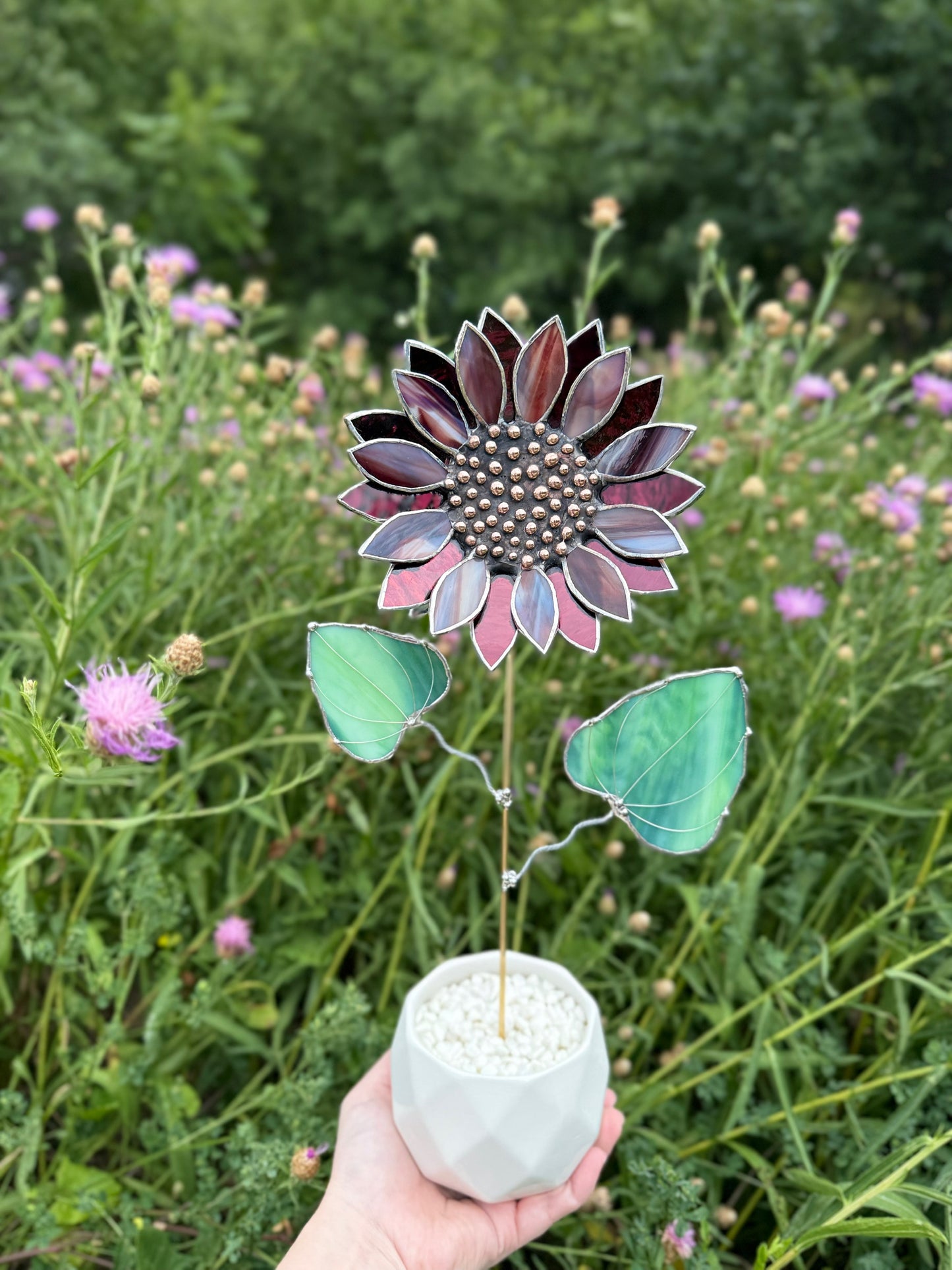 " . Sunflower Marble grey & purple silver oat", stained glass tropical flower 3D, Sun catcher, Table plant decor, Garden stake, Outdoor and gardening, wedding Christmas gift
