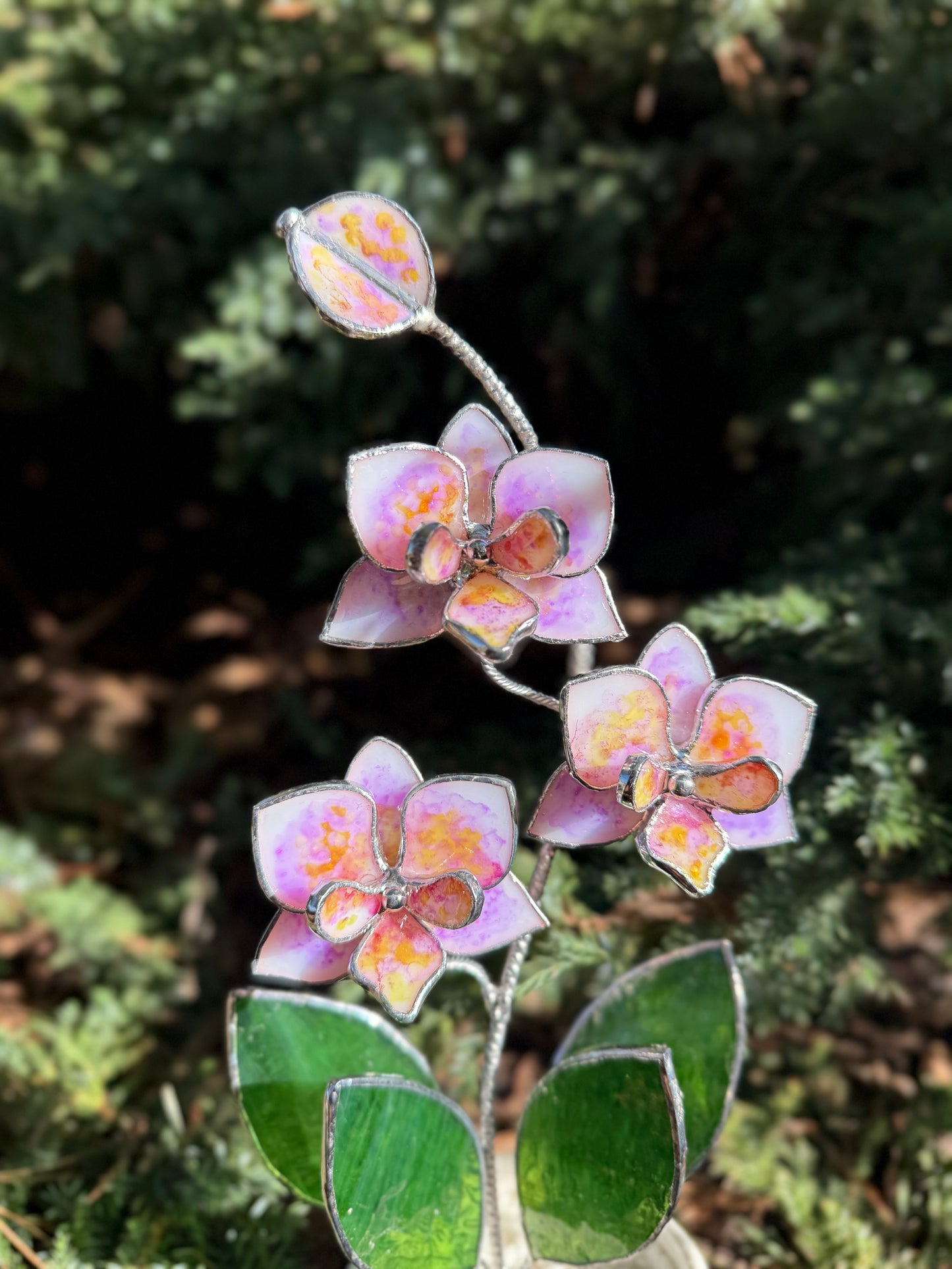 .Handpainted Orchid in a pot, 3 flowers Botanical Stained Glass Modern Art Decor