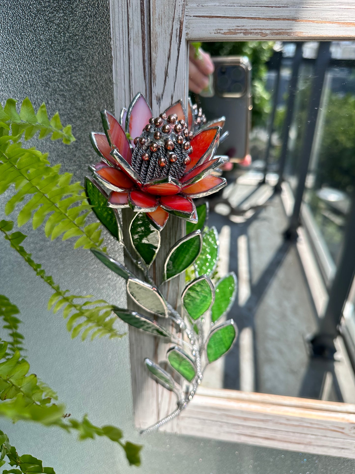 " . Red iridescent Protea Flower Mirror, Stained glass Wedding Wall Decor, Christmas gift, Suncatcher, available sale