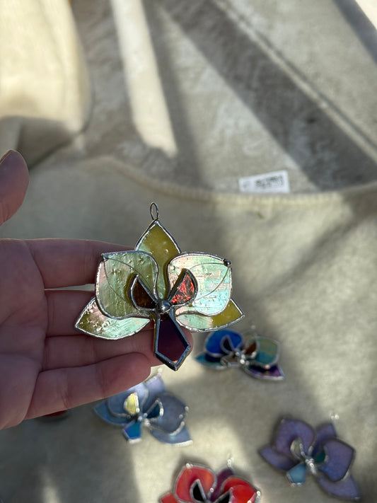 " . Orchid flower Lemon yellow irid, Stained glass Decorative ORNAMENT, Christmas decoration, Suncatcher
