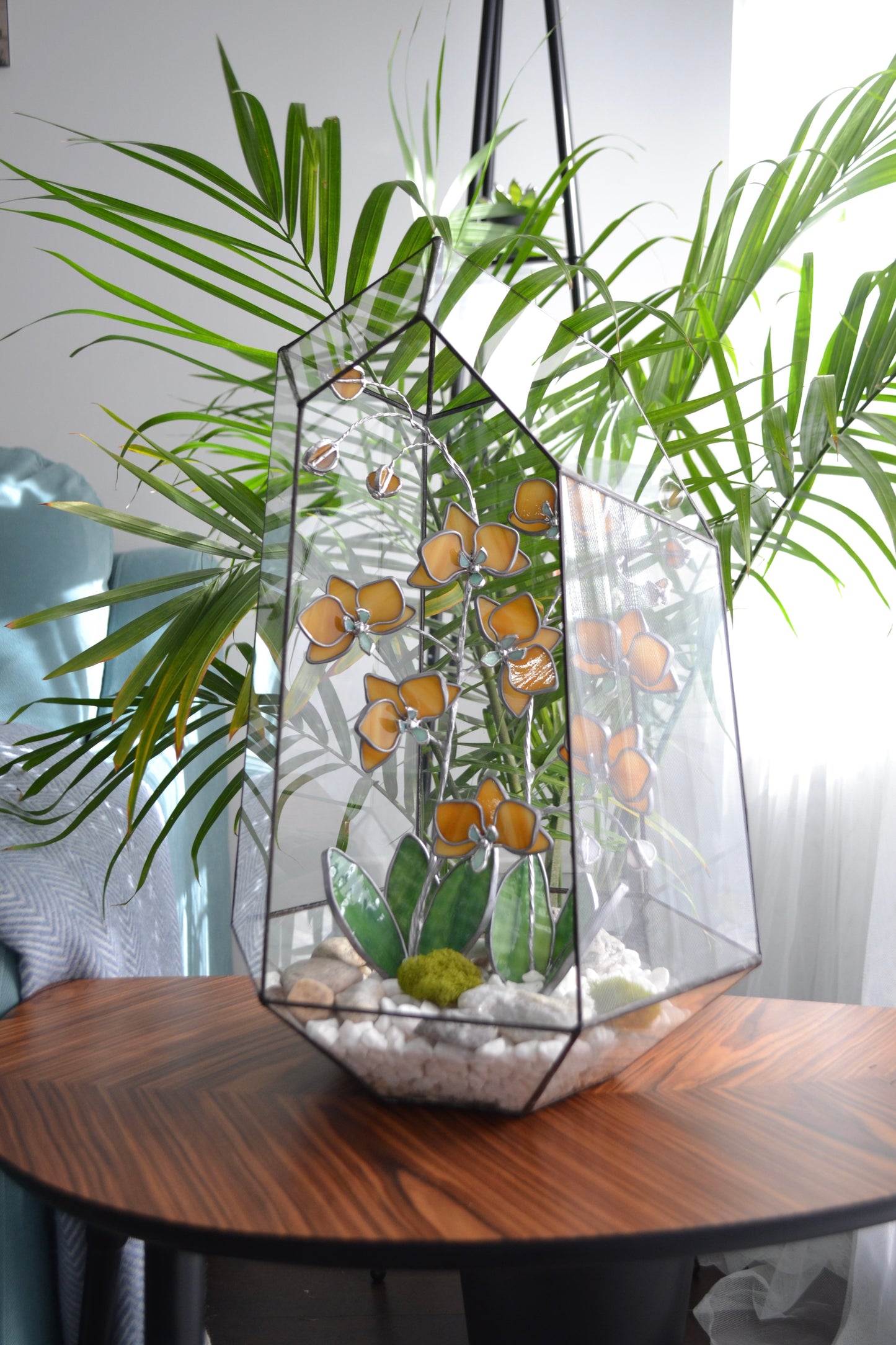 " .Geometric glass 3D terrarium Asymmetrical with stained glass orchids. Wedding glass decor, Mother’s Day gift, glass art, suncatcher, succulents, cacti