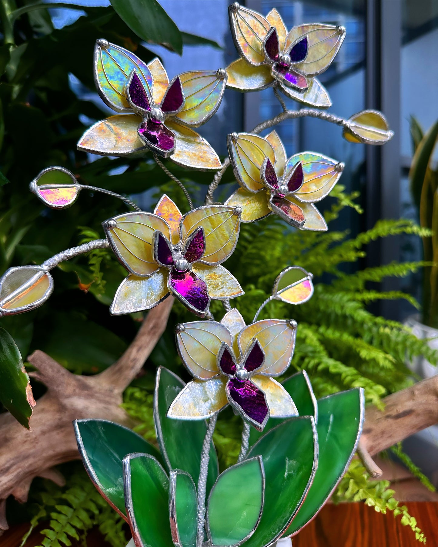 ". “Soulmates” Double stem Lemon yellow iridescent Orchid XL with pot, 5 flowers. Suncatcher, Tropical flowers, Outdoor and gardening decor, Christmas, Wedding gift