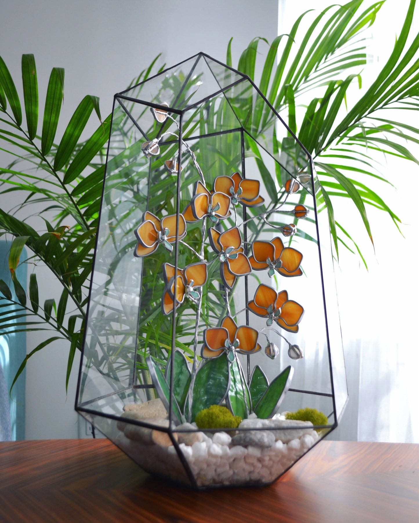 " .Geometric glass 3D terrarium Asymmetrical with stained glass orchids. Wedding glass decor, Mother’s Day gift, glass art, suncatcher, succulents, cacti