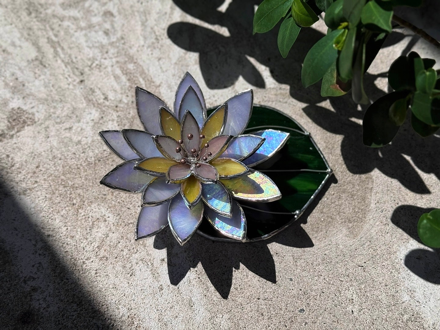 " . Lavender iridescent Water Lily with leaf" Stained glass table decor, suncatcher, succulents sale