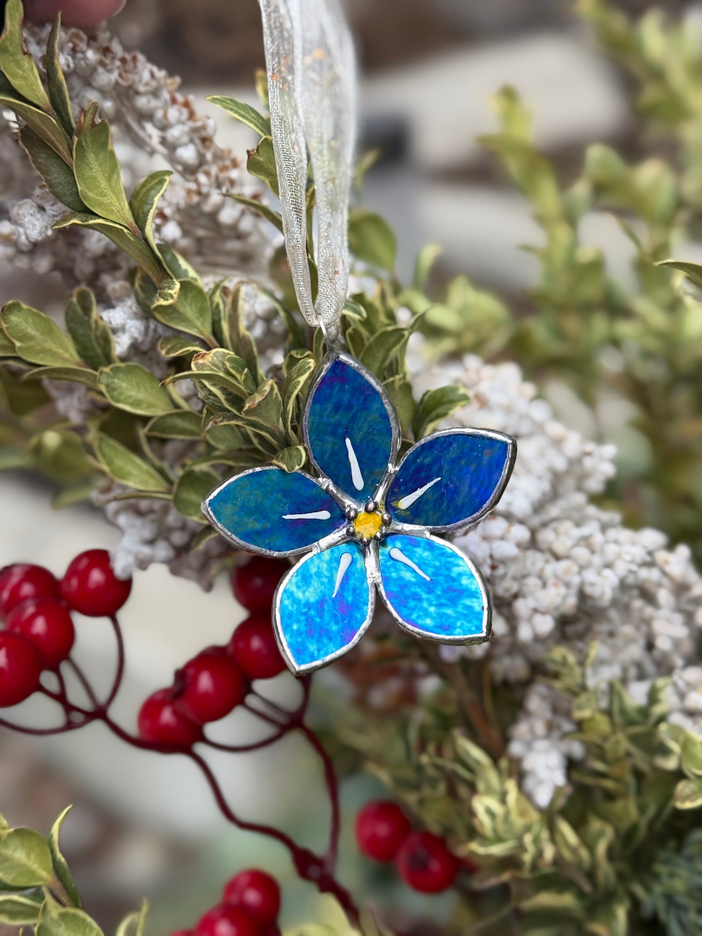 Forget Me Not Stained Glass Ornament Indigo Handmade Floral Suncatcher
