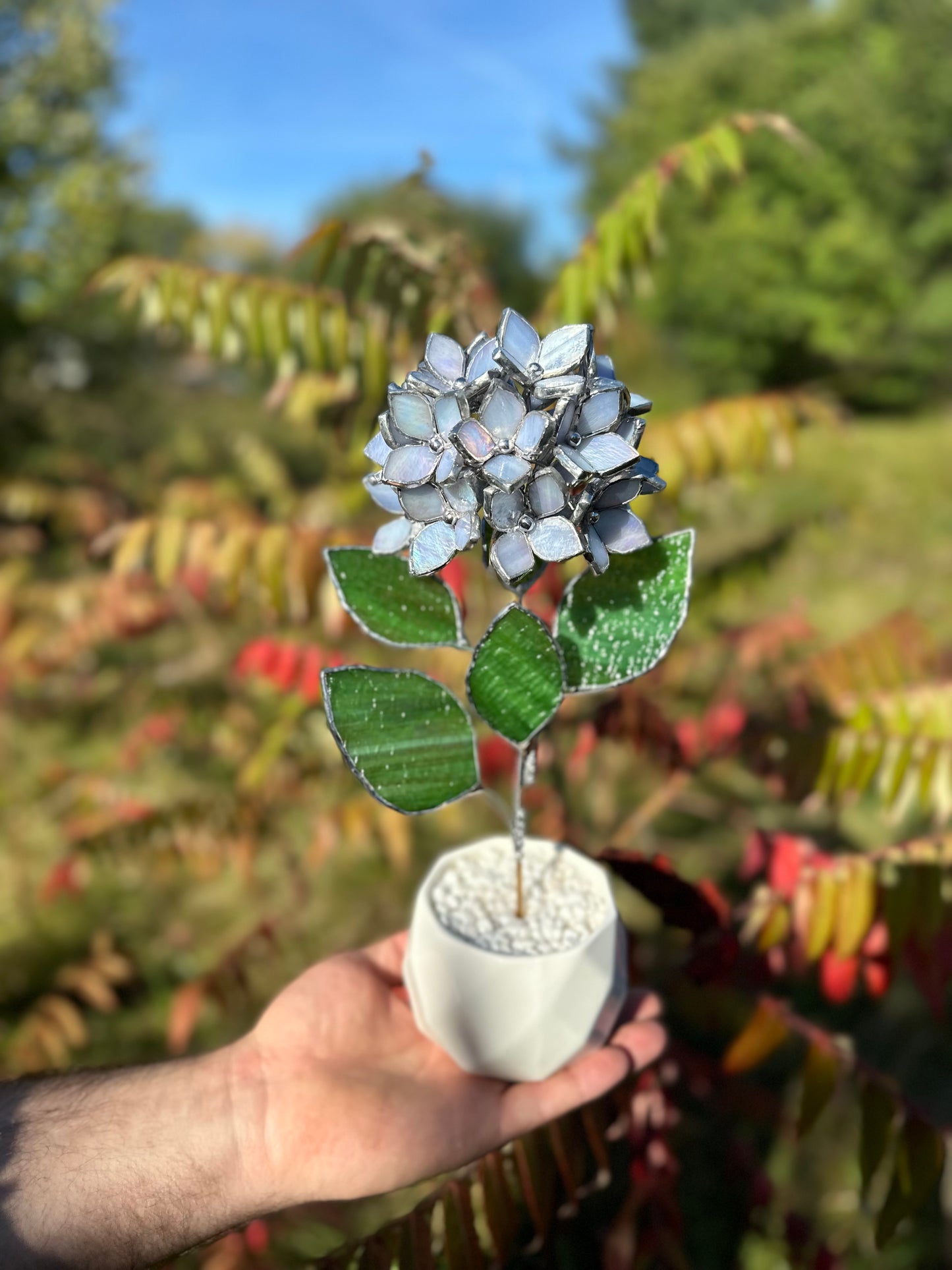 " . CHOOSE COLOR Hydrangea with pot”, Stained glass tropical flower 3D, Sun catcher, Table plant, Garden stick, Outdoor and gardening decor