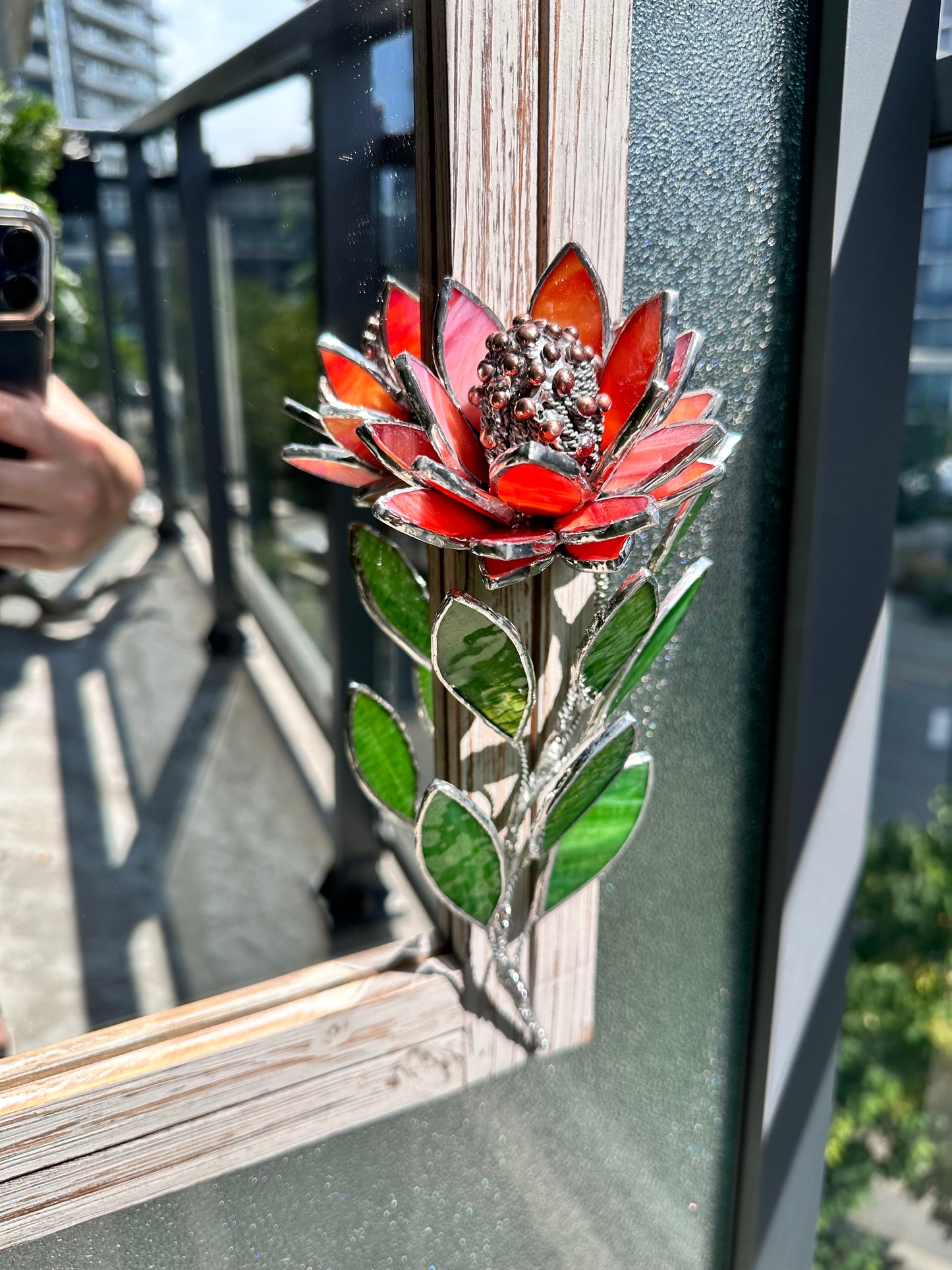 " . Red iridescent Protea Flower Mirror, Stained glass Wedding Wall Decor, Christmas gift, Suncatcher, available sale