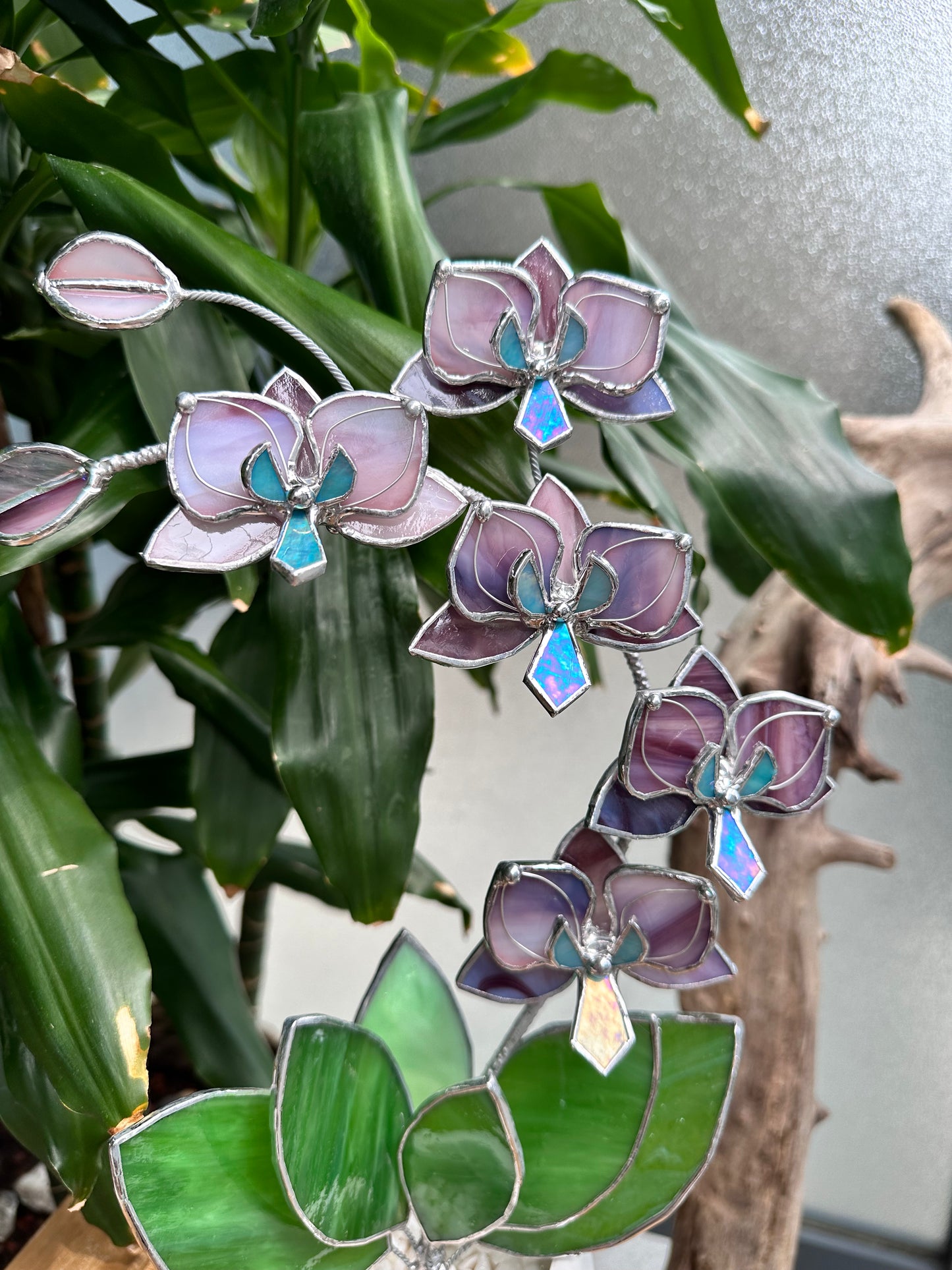 " . Dusty Rose translucent Orchid 5 flowers with pot" Stained glass tropical flower 3D, Sun catcher, Table plant, Garden stick, wedding decor, Christmas gift
