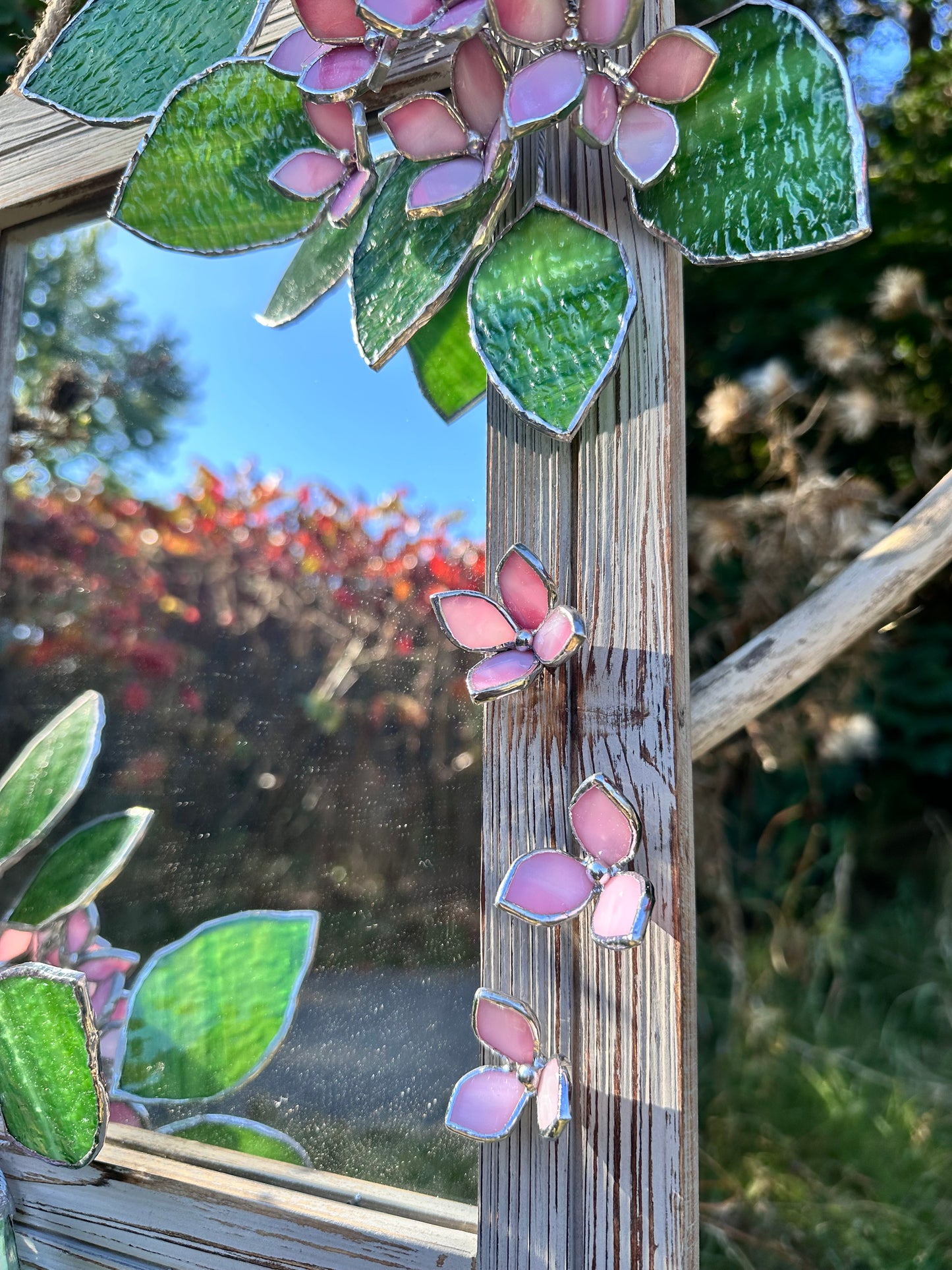 " . Pink Hydrangea Flower Mirror , Stained glass Wedding Wall Decor, Christmas gift, Suncatcher, available