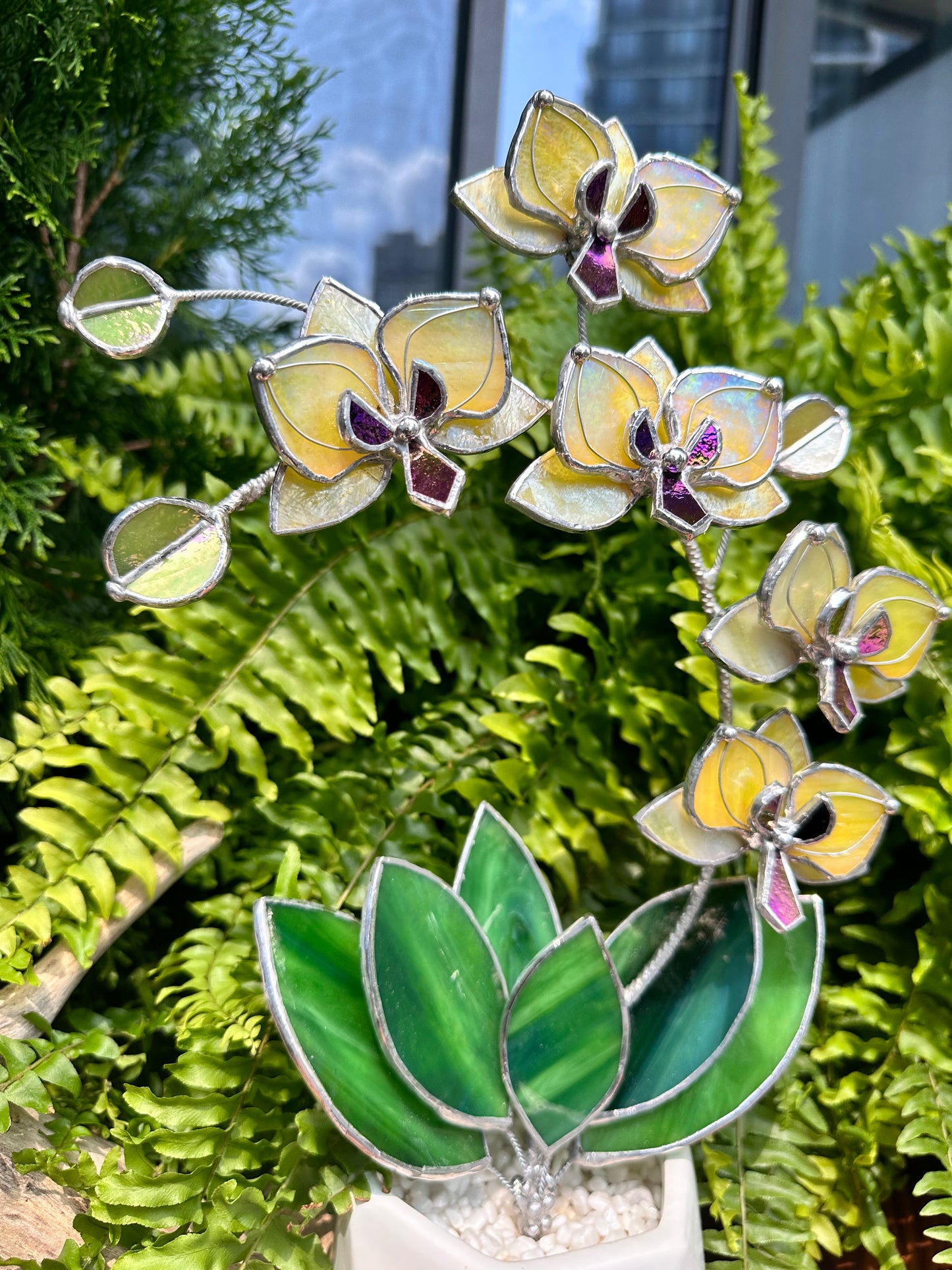 " . Lemon Yellow iridescent Orchid 5 flowers with pot" Stained glass tropical flower 3D, Sun catcher, Table plant, Garden stick, wedding decor, Christmas gift