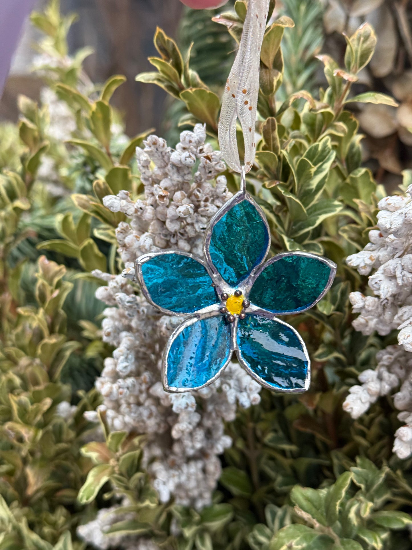 Forget Me Not Stained Glass Ornament Blue, Handmade Floral Suncatcher