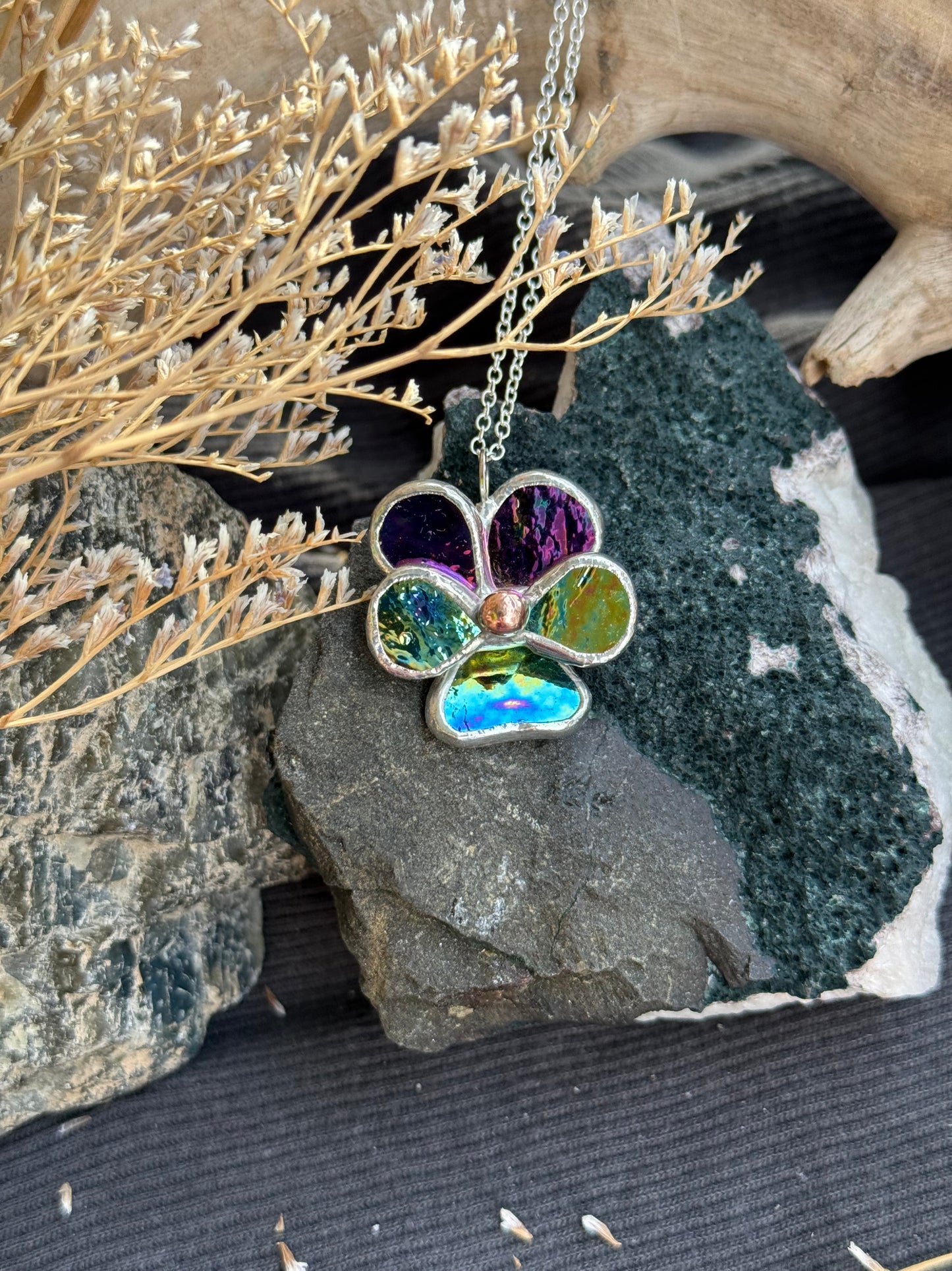 " . Pansy Purple lumi & Yellow-blue lumi Necklace ” Stained glass tropical flower 3D, art jewelry