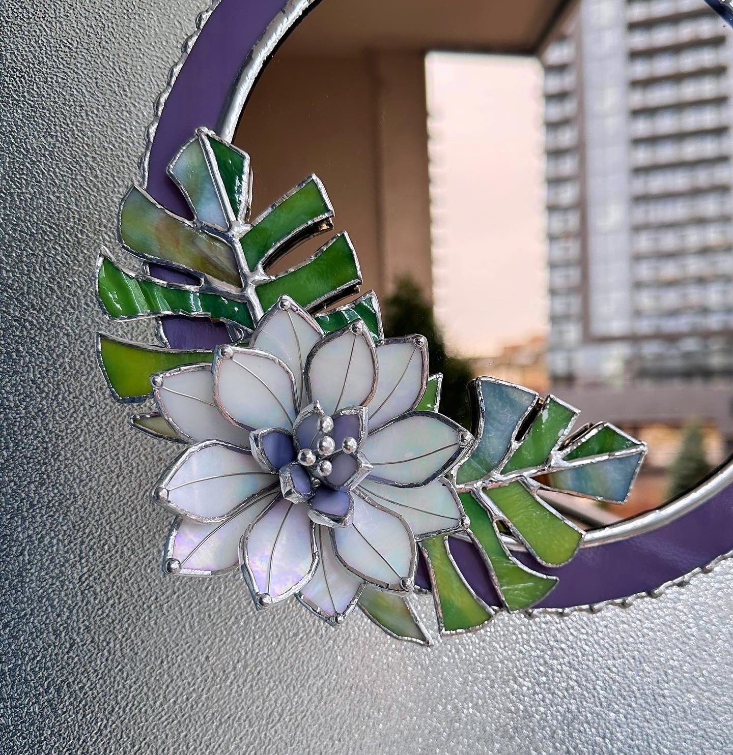 " . Blooming Monstera' Stained glass flower Mirror, Suncatcher, Art