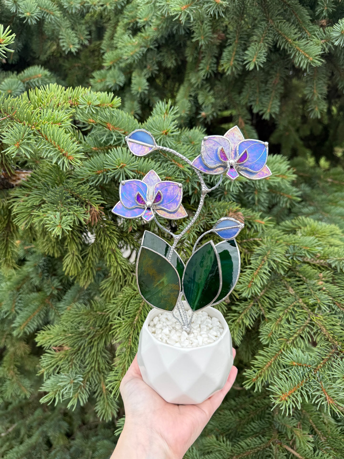 " . Blue Lavender Orchid, 2 flowers with pot” Stained glass tropical flower 3D, Suncatcher, Table plant decor