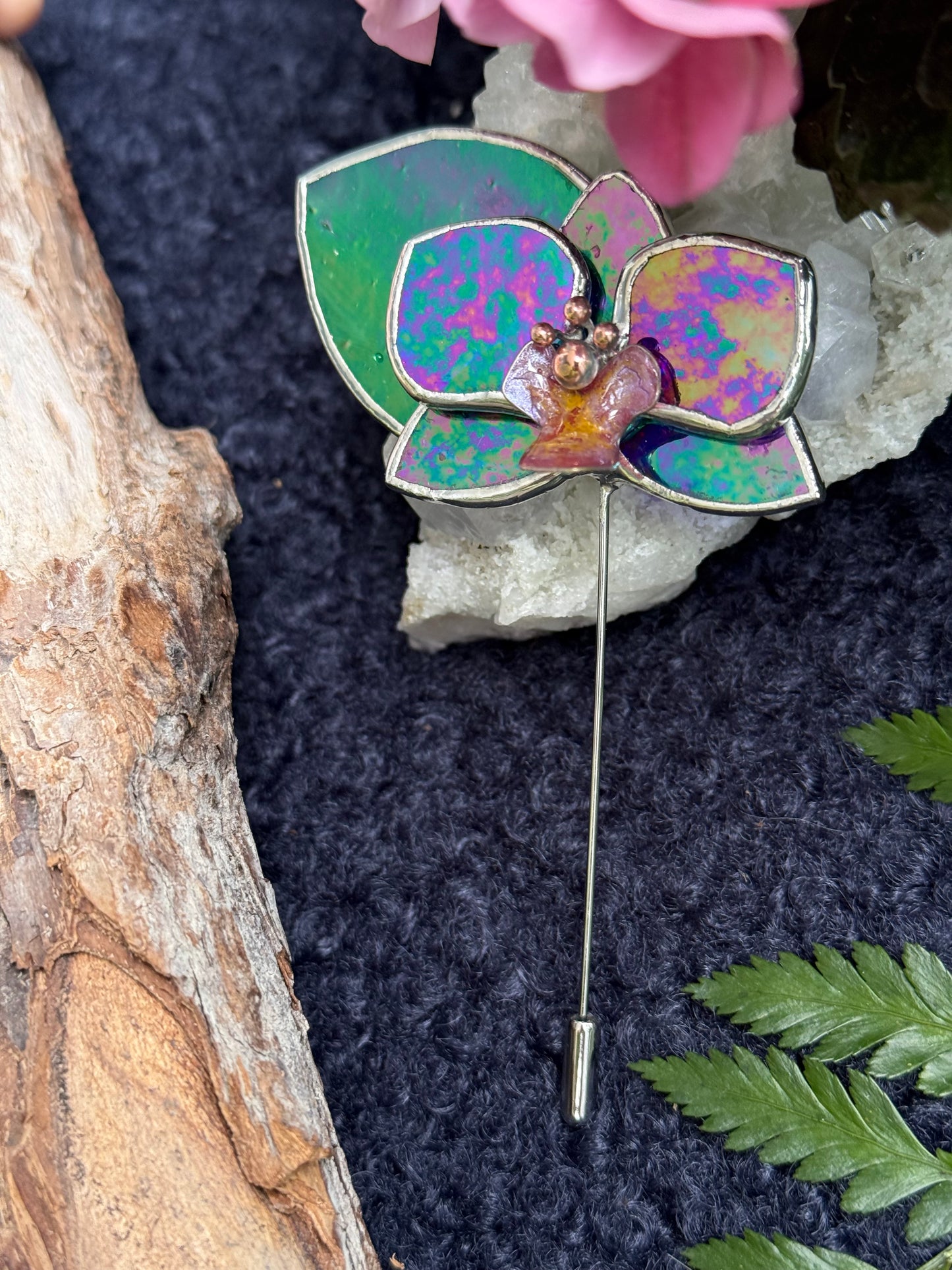 Orchid Brooch Statement Stained Glass Floral Pin, Modern Art Jewelry