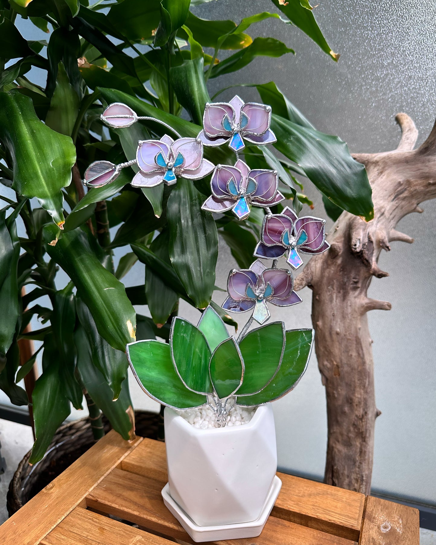 " . Dusty Rose translucent Orchid 5 flowers with pot" Stained glass tropical flower 3D, Sun catcher, Table plant, Garden stick, wedding decor, Christmas gift