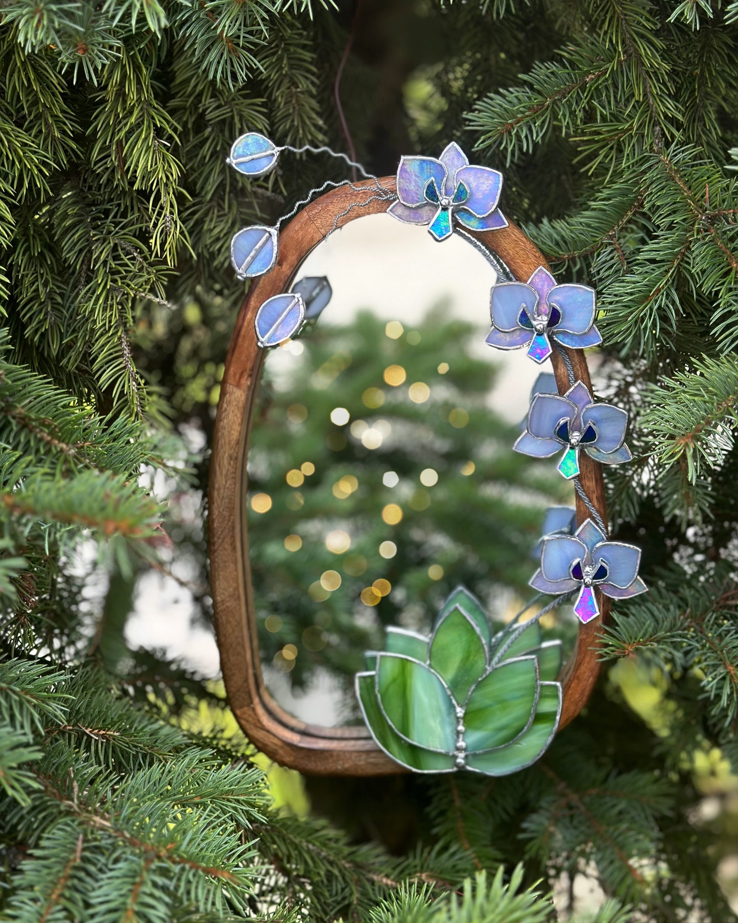 " .Lavender iridescent Orchid Mirror”, Stained glass flower Wall decor, Suncatcher, Home wedding Decor, Christmas gift
