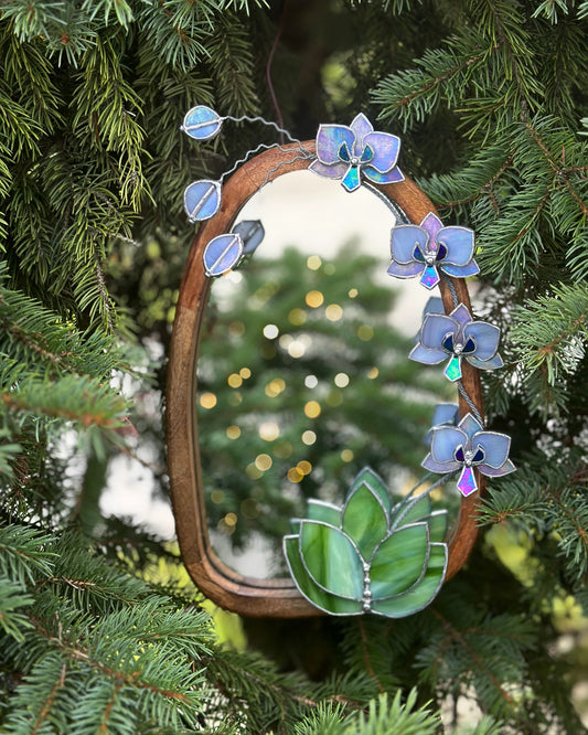 " .Lavender iridescent Orchid Mirror”, Stained glass flower Wall decor, Suncatcher, Home wedding Decor, Christmas gift