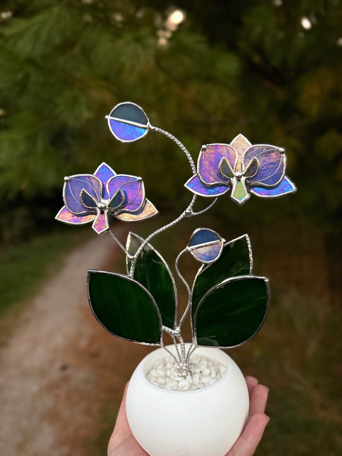 " .  Blue Lavender Orchid, 2 flowers with pot” Stained glass tropical flower 3D, Suncatcher, Table plant decor