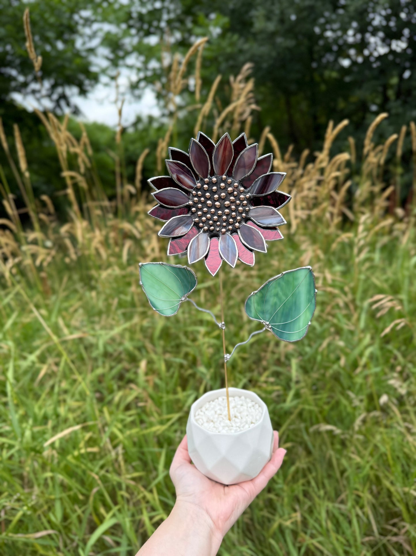 " . Sunflower Marble grey & purple silver oat", stained glass tropical flower 3D, Sun catcher, Table plant decor, Garden stake, Outdoor and gardening, wedding Christmas gift