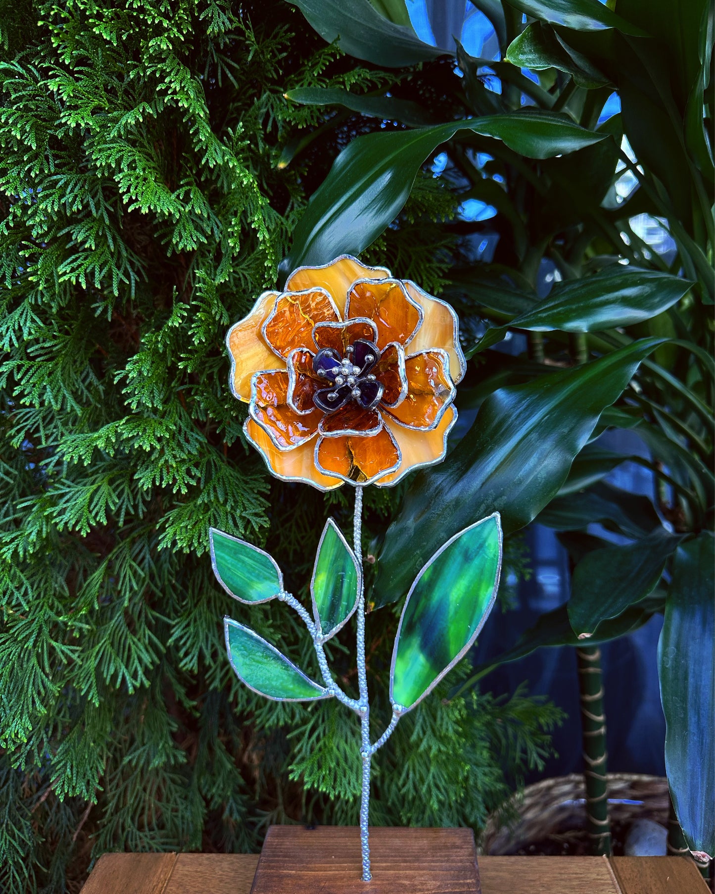 " . Amber Peony Stained glass flower, tropical 3D Sun catcher, Table plant decor, wedding gift