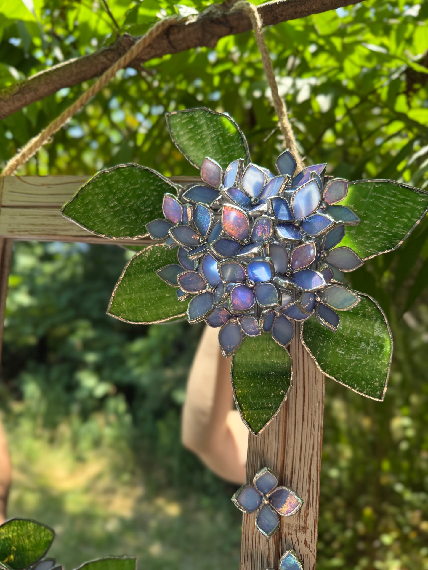 " . Amethyst Blue lavender iridescent Hydrangea Flower Mirror, Stained glass Wedding Wall Decor, Christmas gift, Suncatcher