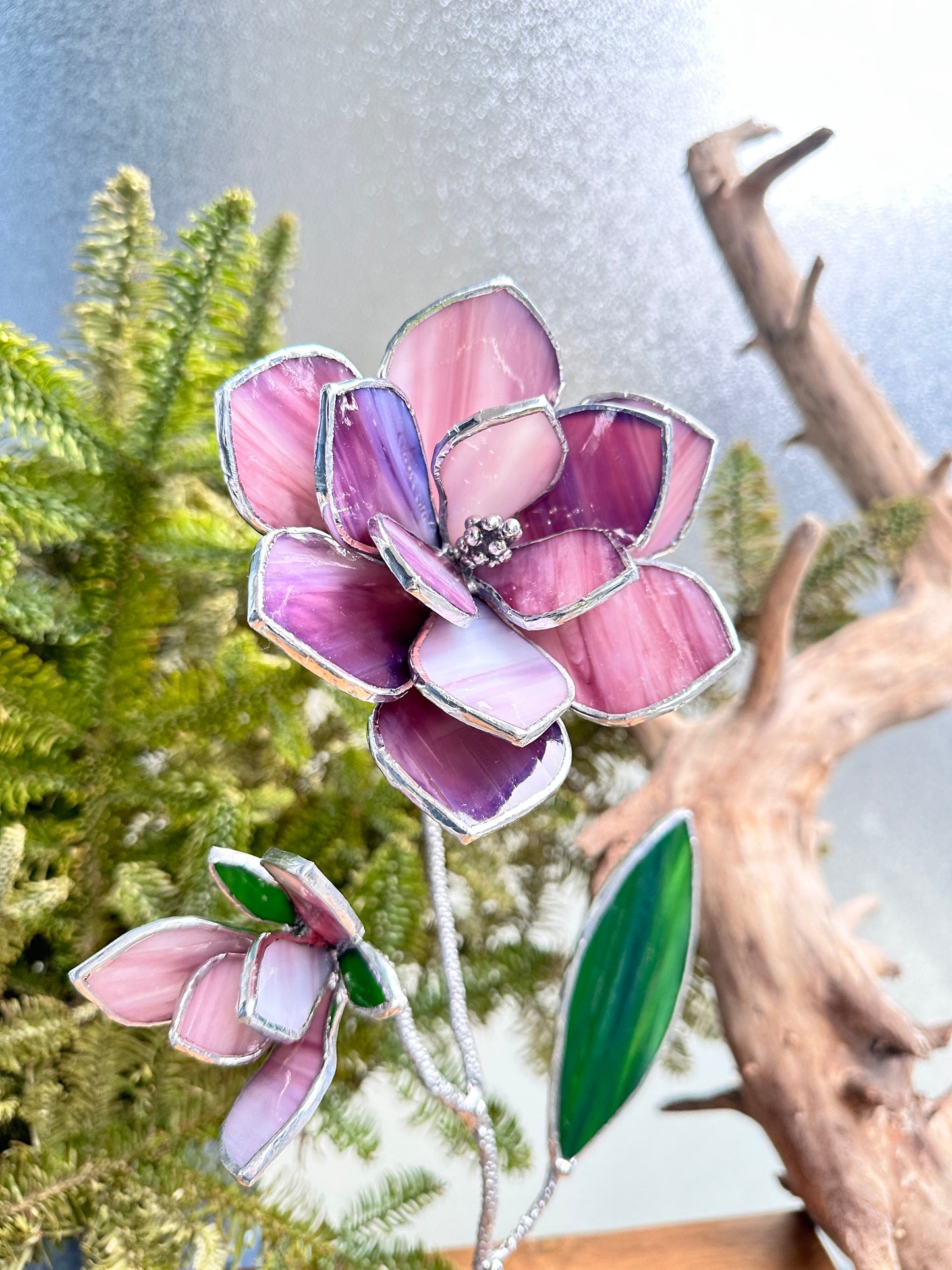 ". Magnolia Pink-Purple flower with a bud" Stained glass tropical 3D, Sun catcher, Table plant decor, Garden stake, wedding decor, Christmas gift, pot