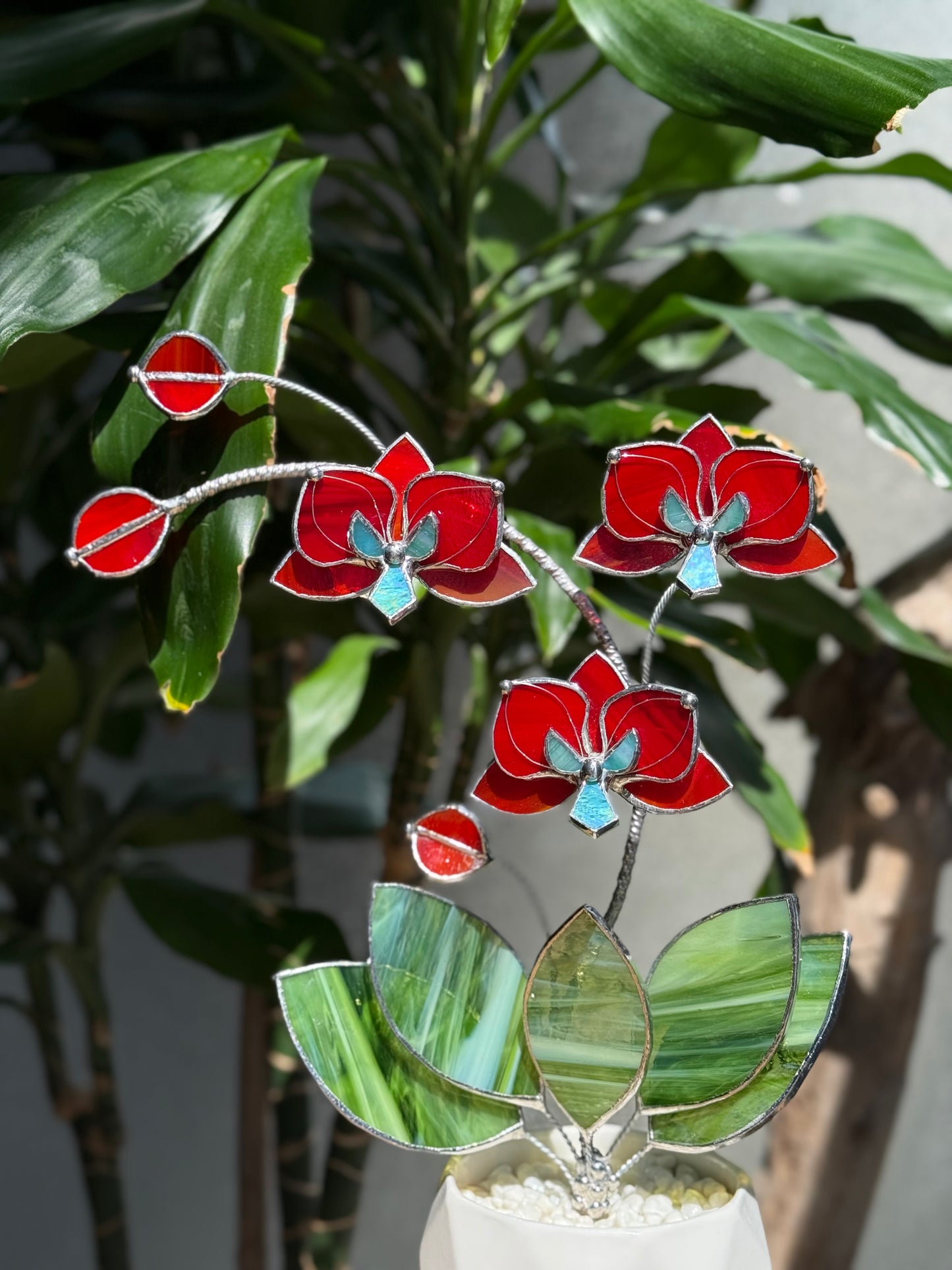 ". Ruby Red Orchid 3 flowers with pot” Stained glass tropical flower 3D, Sun catcher, Table plant decor, Garden stick, Outdoor and gardening decor