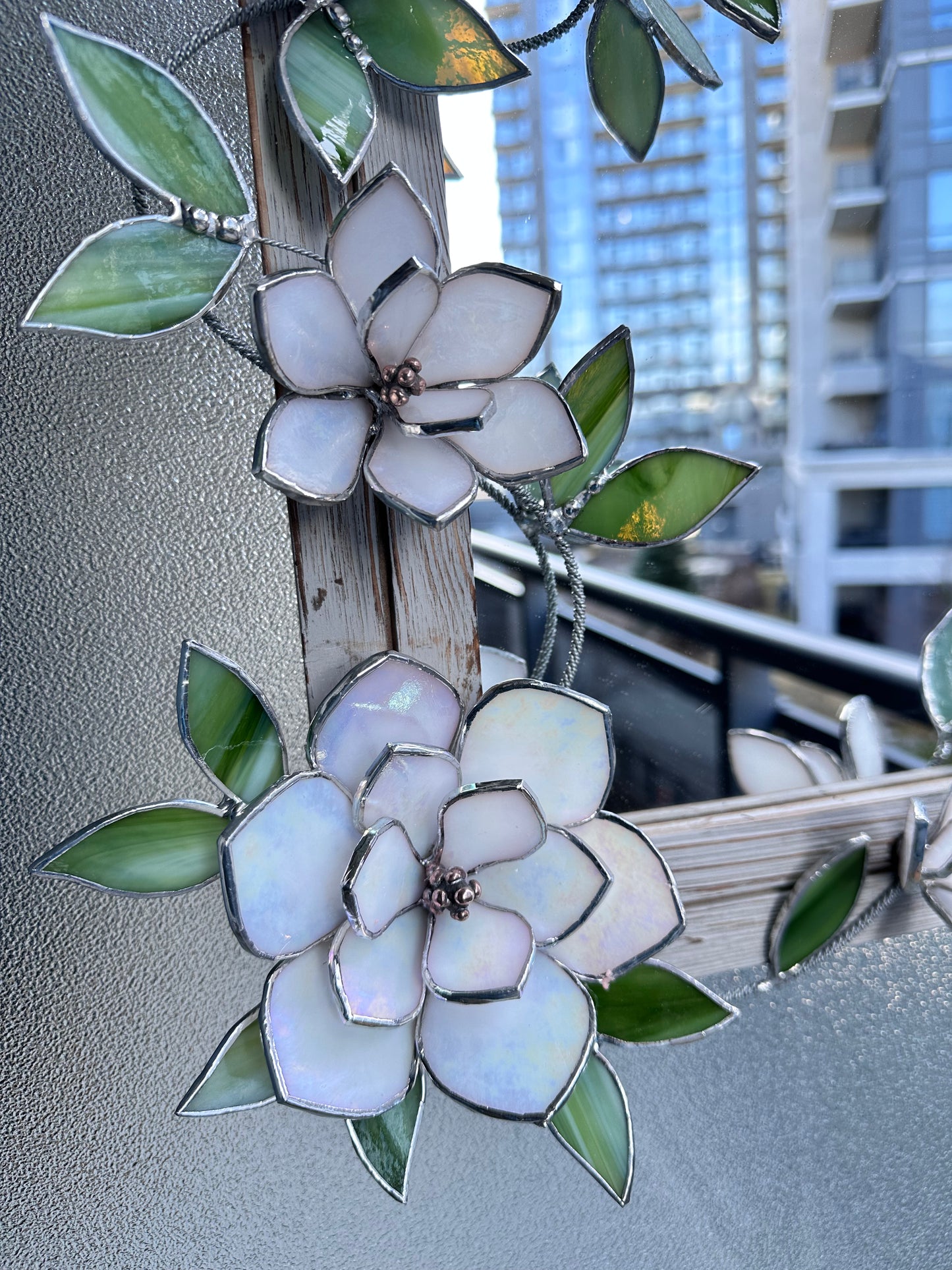 " . Magnolia White Pearl Stained glass flower Mirror Wedding Wall Decor Christmas gift Everlasting, Suncatcher, succulent,
