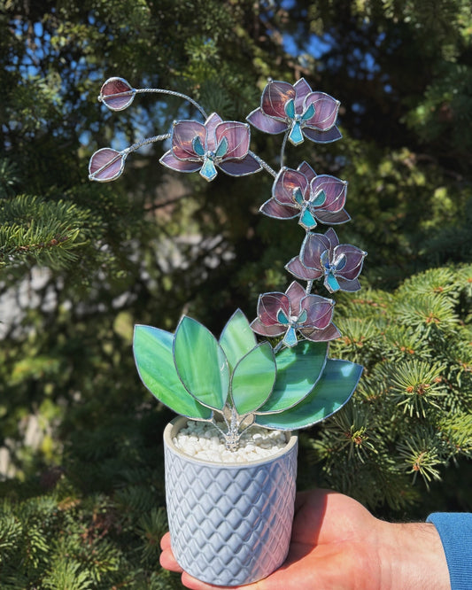 " . Dusty Rose translucent Orchid 5 flowers with pot" Stained glass tropical flower 3D, Sun catcher, Table plant, Garden stick, wedding decor, Christmas gift