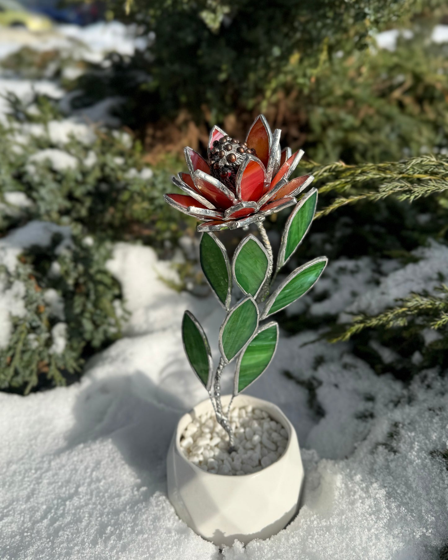 .Protea Flower Stained glass Artisan Botanical Decor Floral Table Top