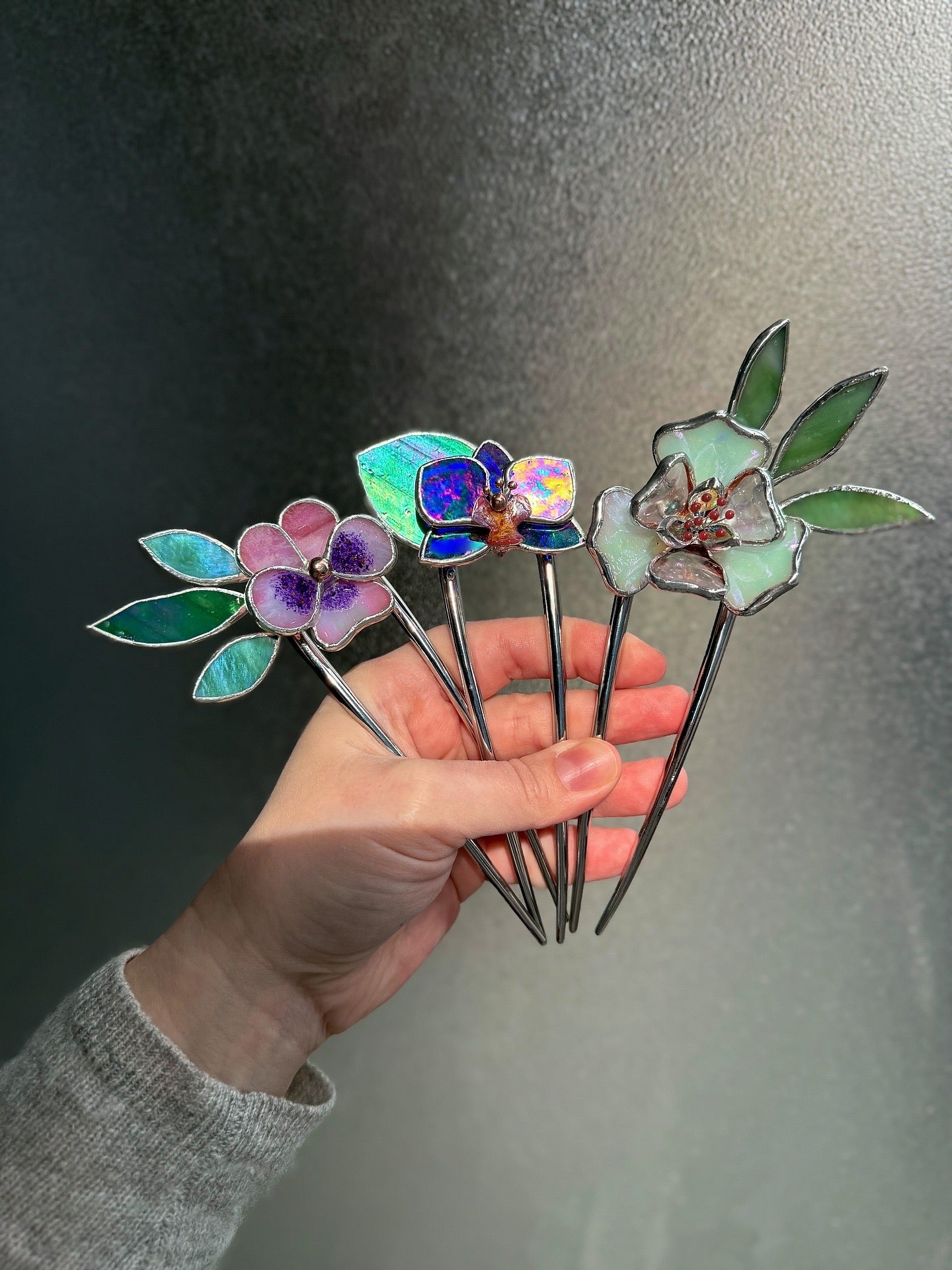 .HairPin Stained Glass Orchid Flower CHOOSE COLOR Handmade Floral Accessories