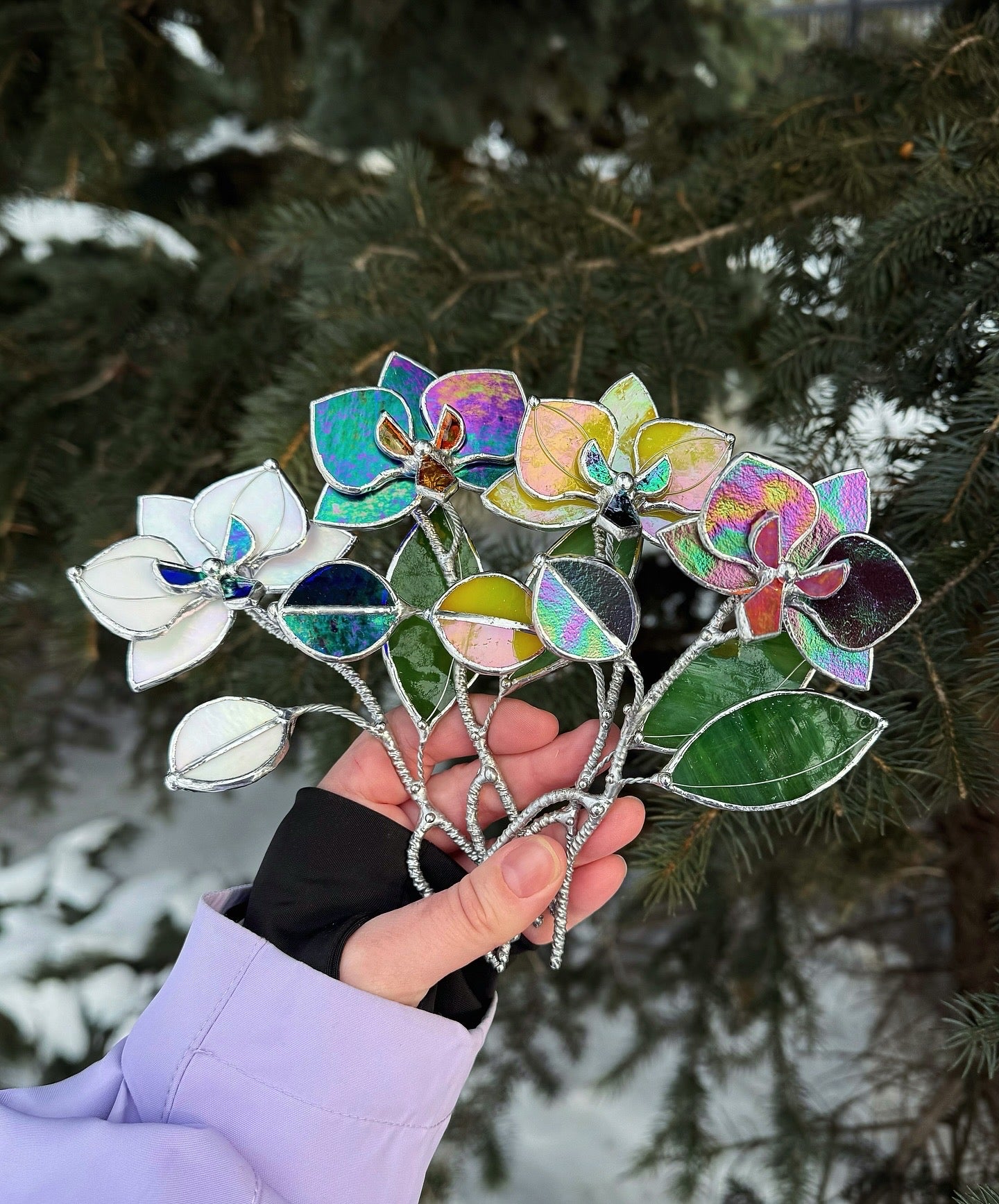CHOOSE COLOR Stained Glass Orchid Plant Stake, Botanical Pot Decor