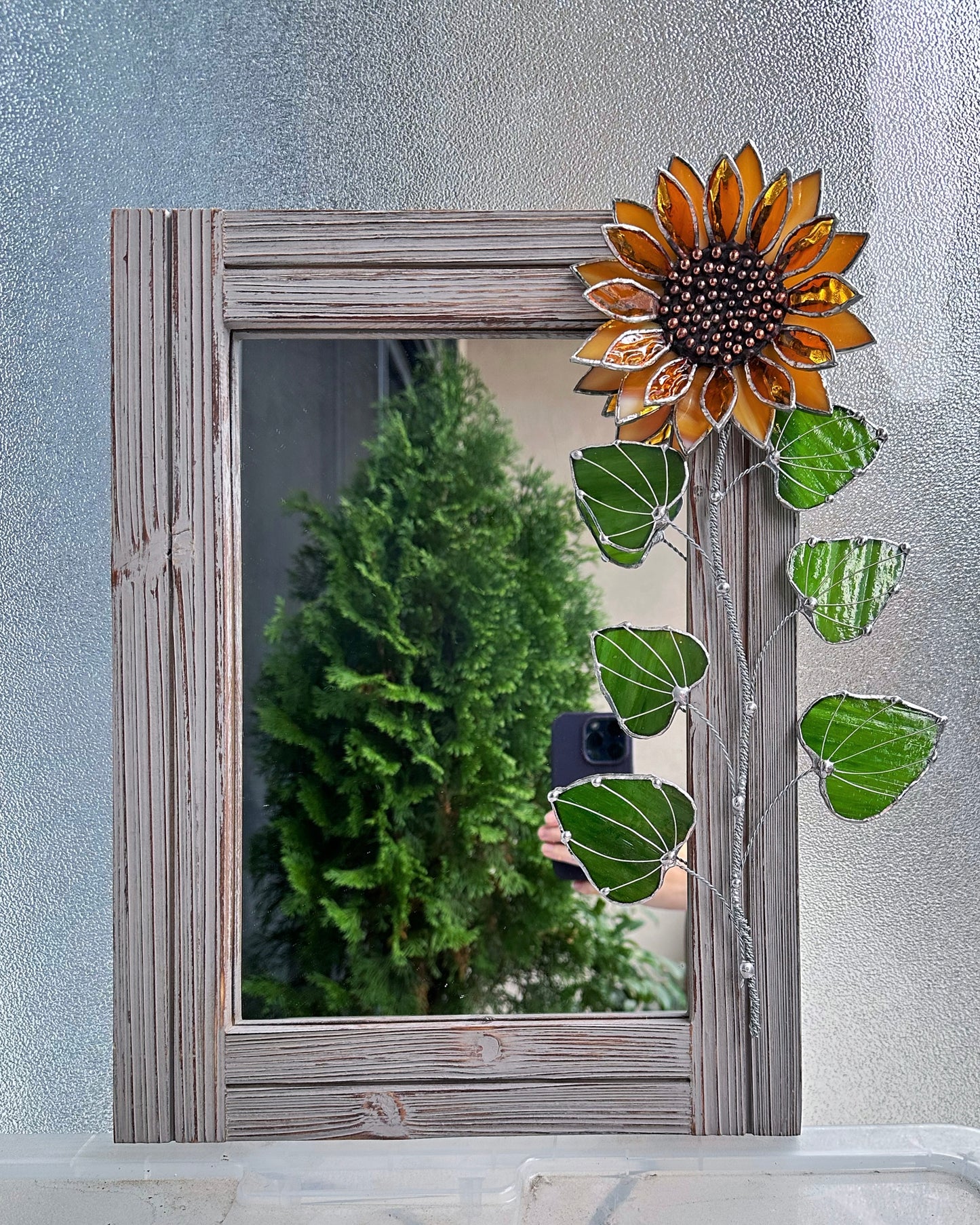 "Golden Sunflower" Stained glass flower Mirror, wall decor Art, Wedding, Christmas, gift Decoration Glass flowers Succulents