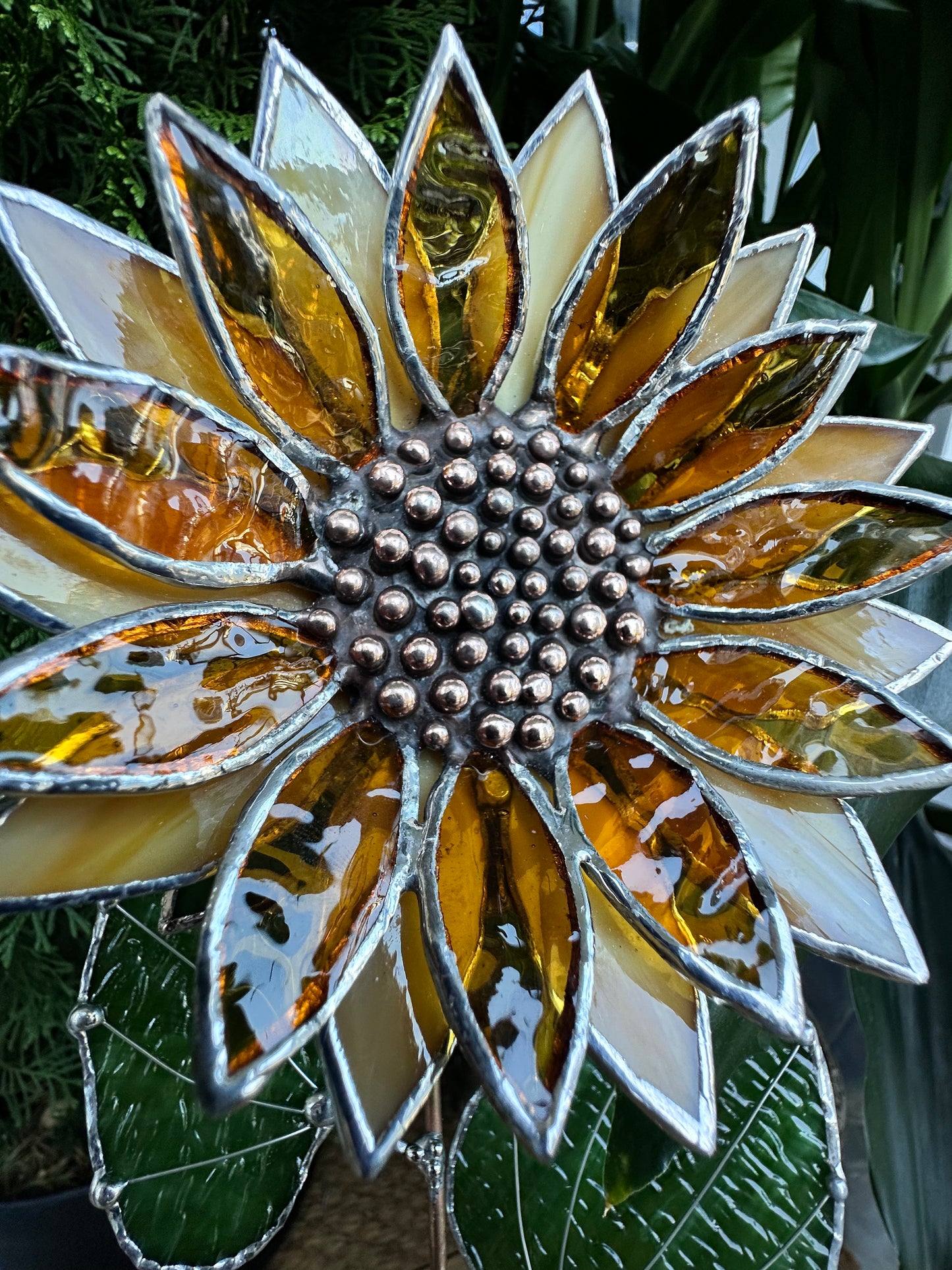 " . Amber Sunflower", stained glass tropical flower 3D, Sun catcher, Table plant decor, Garden stake, Outdoor and gardening, wedding Christmas gift