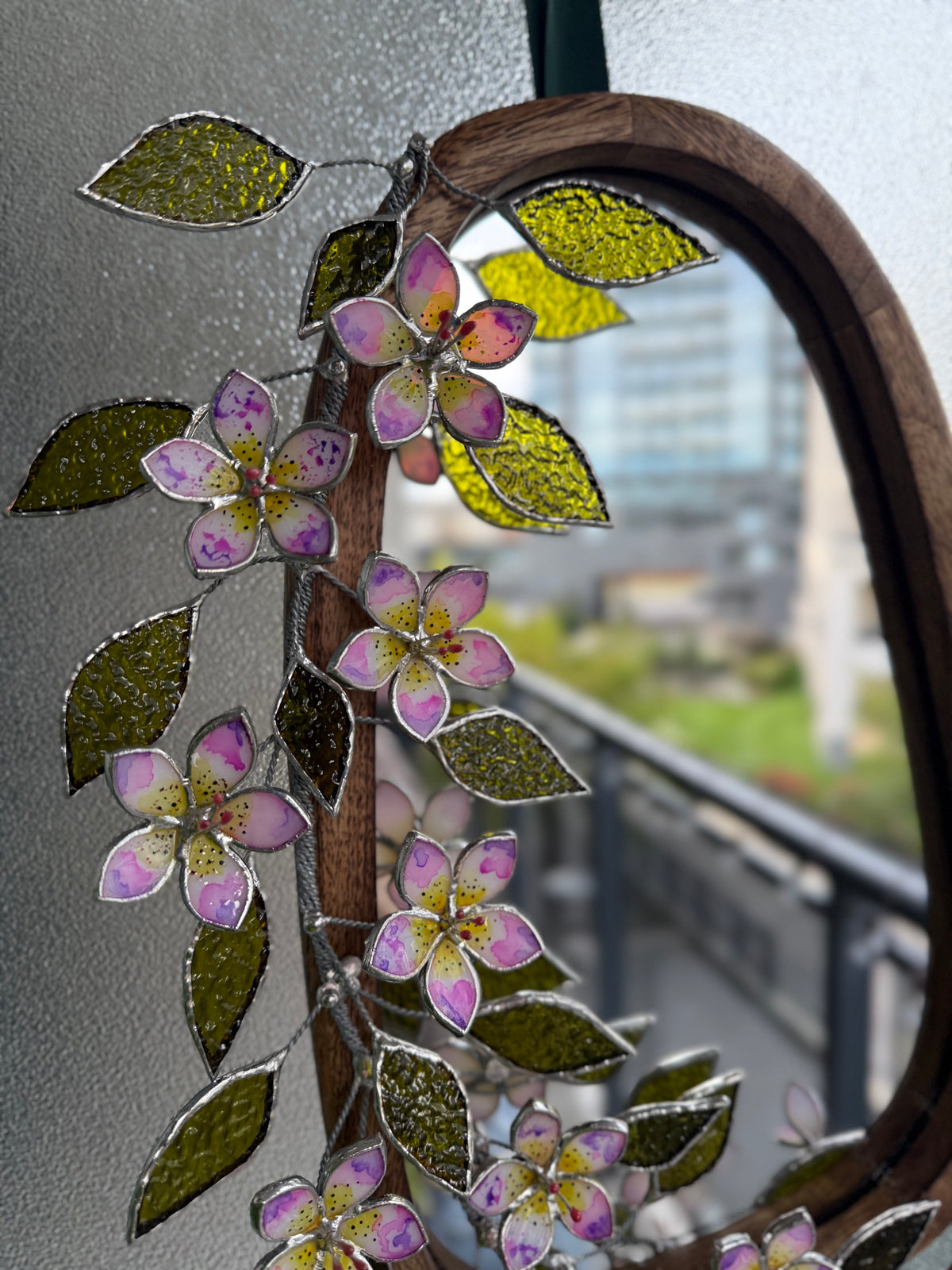 .Tropical Flower Hand Painted Stained glass Flower Mirror, 3D Botanical Floral Wall Art ready new