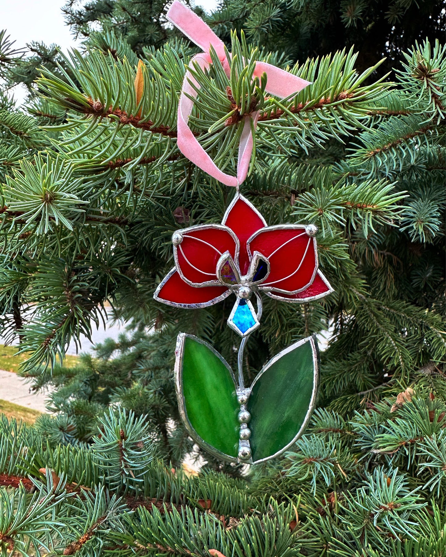 Christmas tree ornaments Orchid with leafs. Mix of 3, 5. Wall window decor, Stained glass Holiday decorations lights